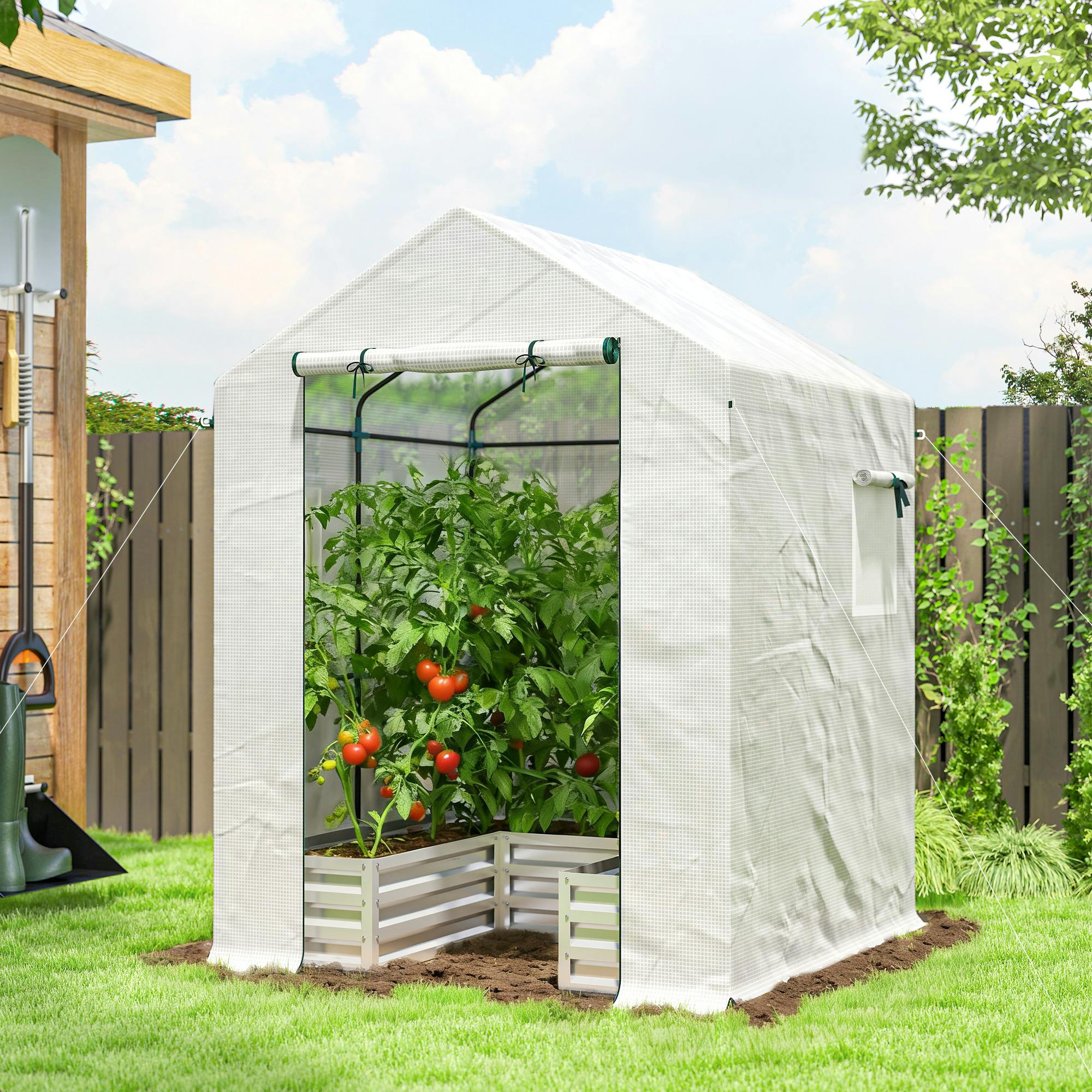 Outsunny White Small Greenhouse Outdoor Greenhouse With Roll Up Door,