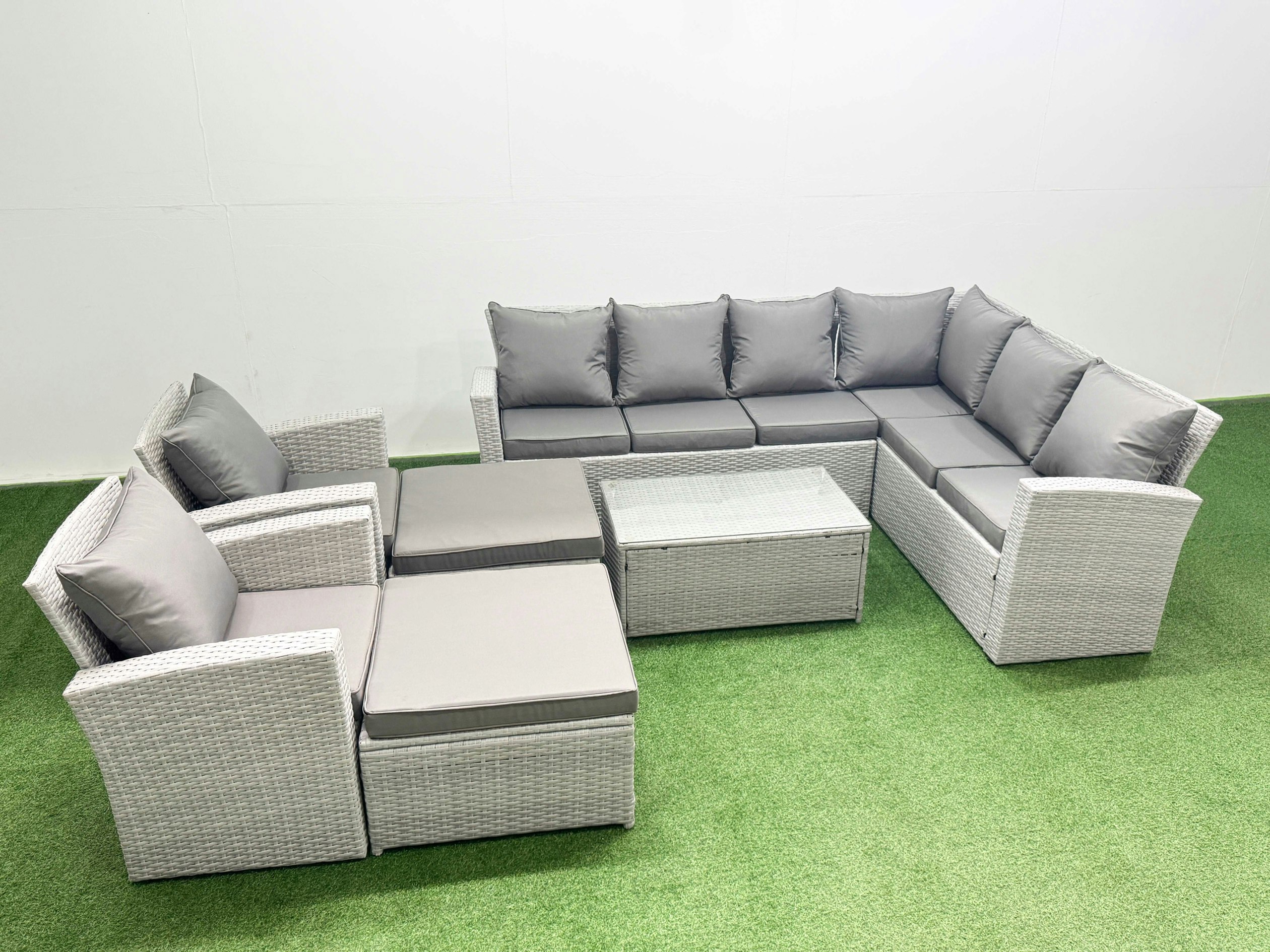 Rackhams Light/Grey Garden Outdoor Pe Rattan Furniture Set 10 Seater Rattan Garden Sofa Set With 2 Big Footstools Mixed