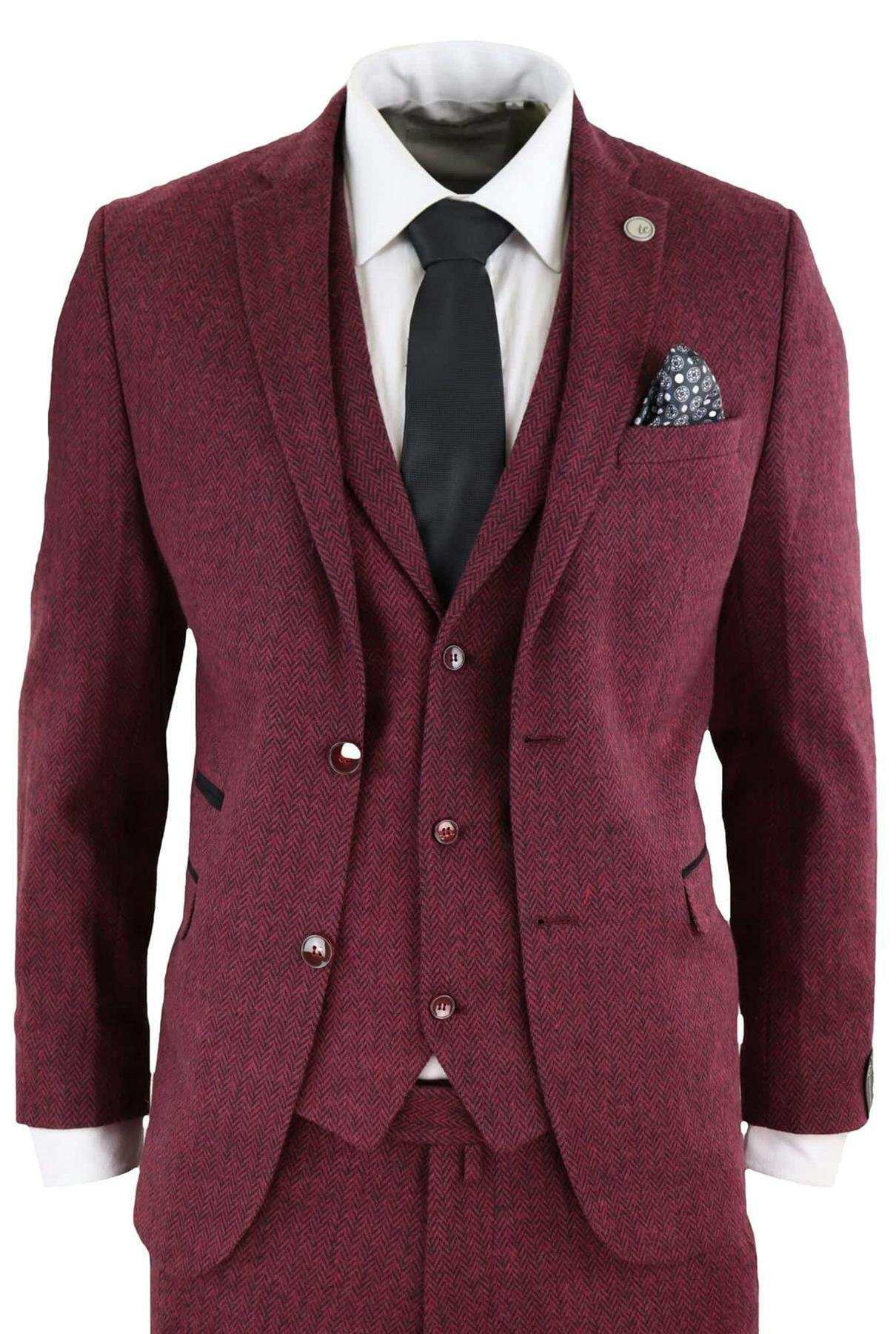Truclothing Men's 3 Piece Wine Herringbone Wool Tweed Retro Suit - Wine - 38" Jacket 32" Trousers