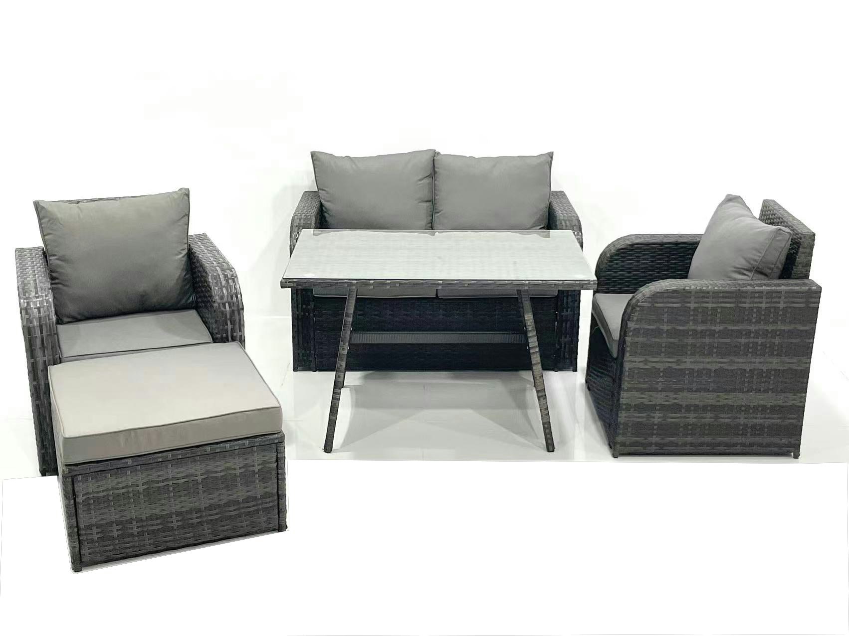 Fimous Dark/Grey Outdoor Garden Furniture Set Rattan Sofa Dining Table Set With Reclining Chair Big Footstool Mixed
