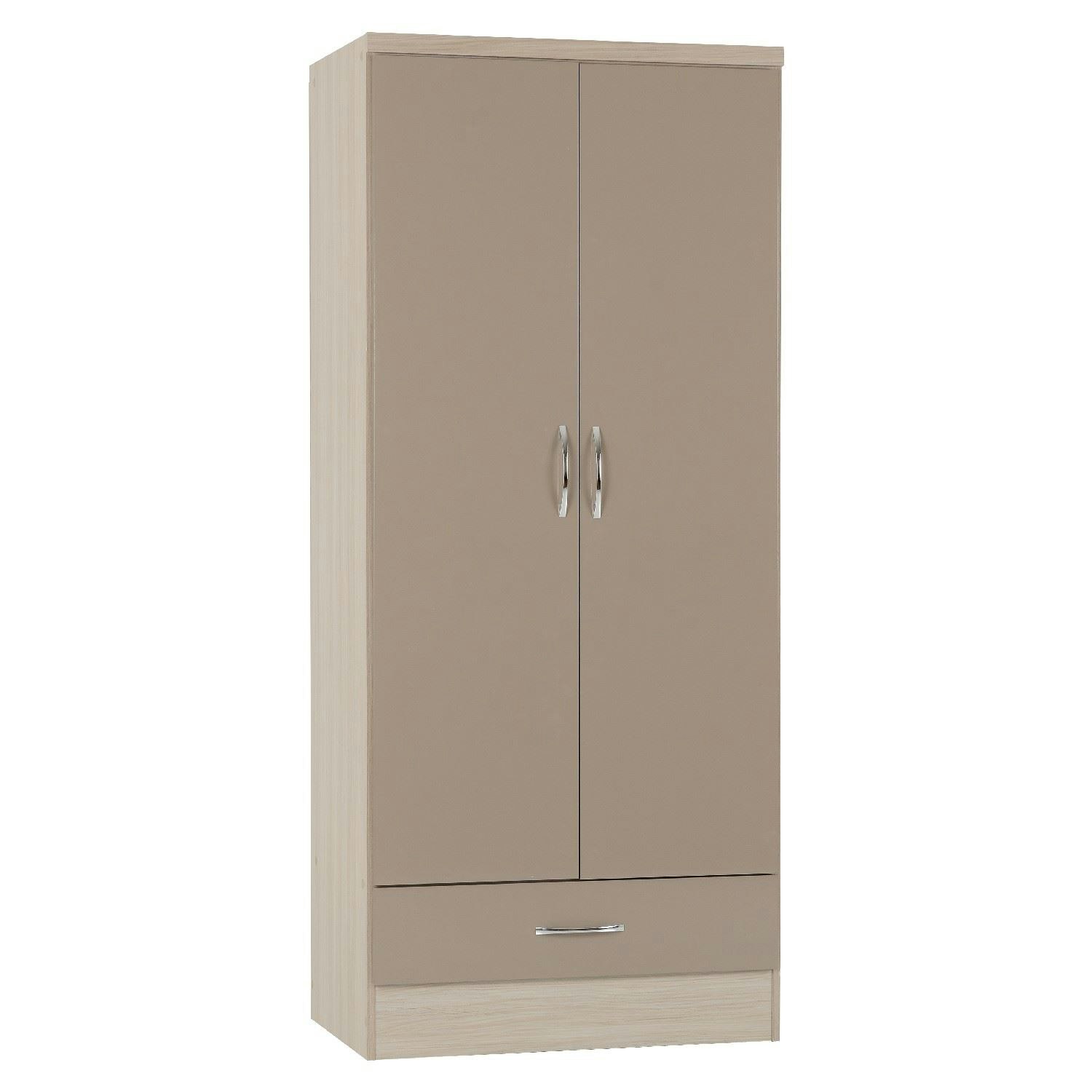 Rackhams Light Nevada 2 Door 1 Drawer Wardrobe - Oyster Gloss And Oak