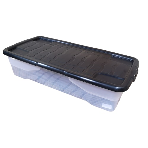 Rackhams Black 42L Clear Under Bed Storage Box With Lid, Stackable And Nestable Design Storage Solution