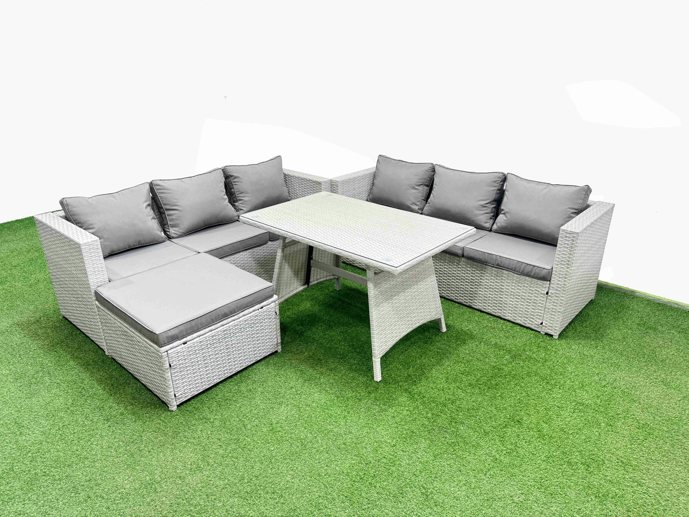 Rackhams Light/Grey Rattan Garden Furniture Dining Set 7 Seater Patio Rectangular Table 3 Seater Sofa Set With Big Stool