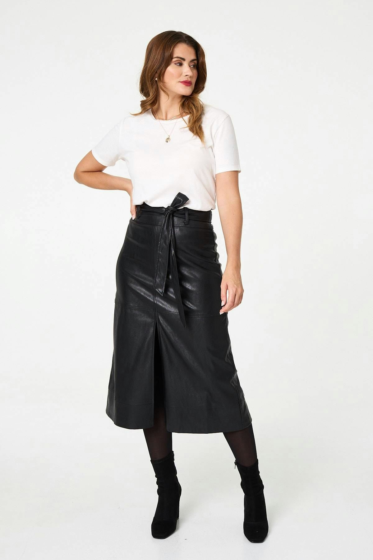 Izabel London Black Faux Leather Tie Waist A-Line Midi Skirt - 14