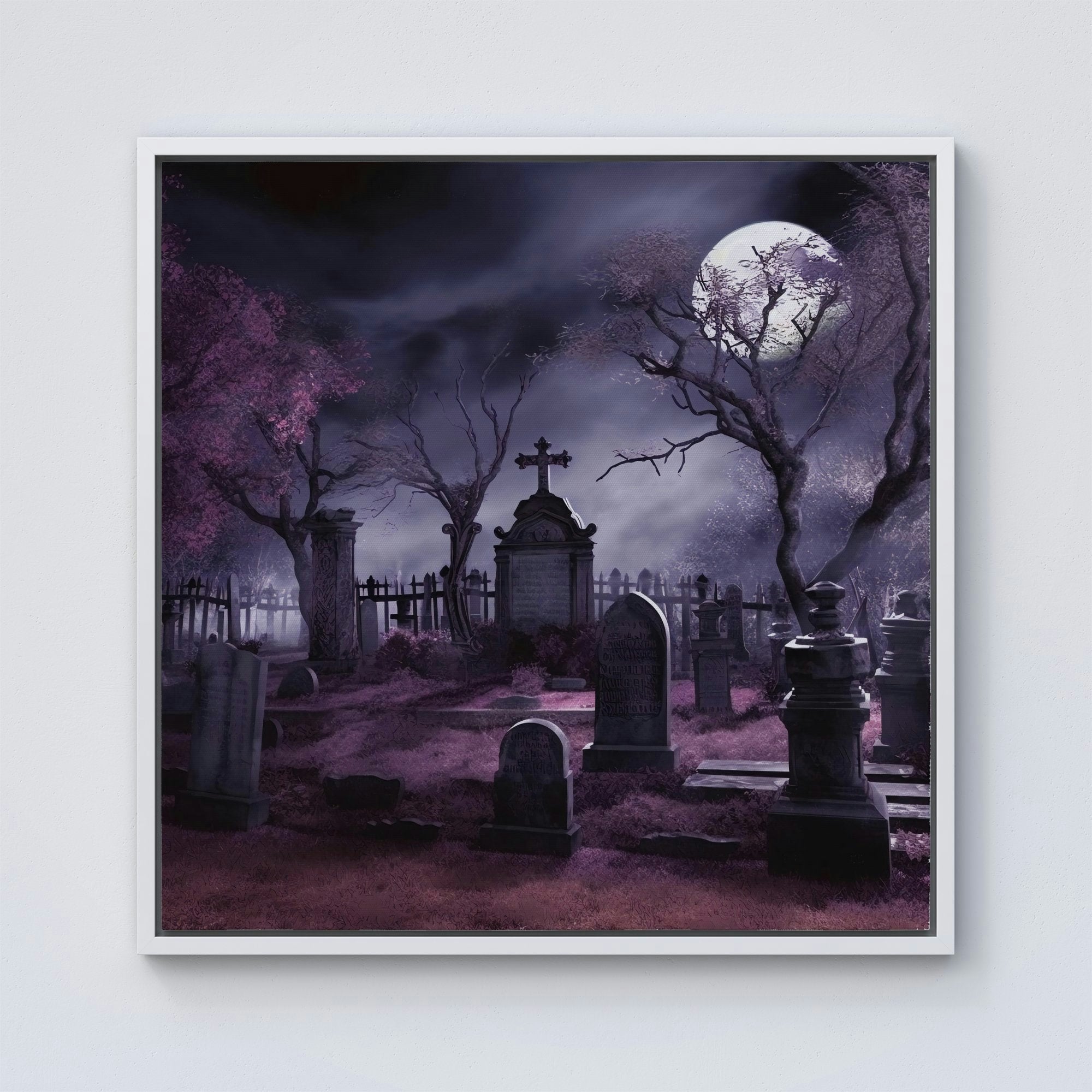 Rackhams White Witchs Moonlit Cemetery Design Framed Canvas - 10" X 10"