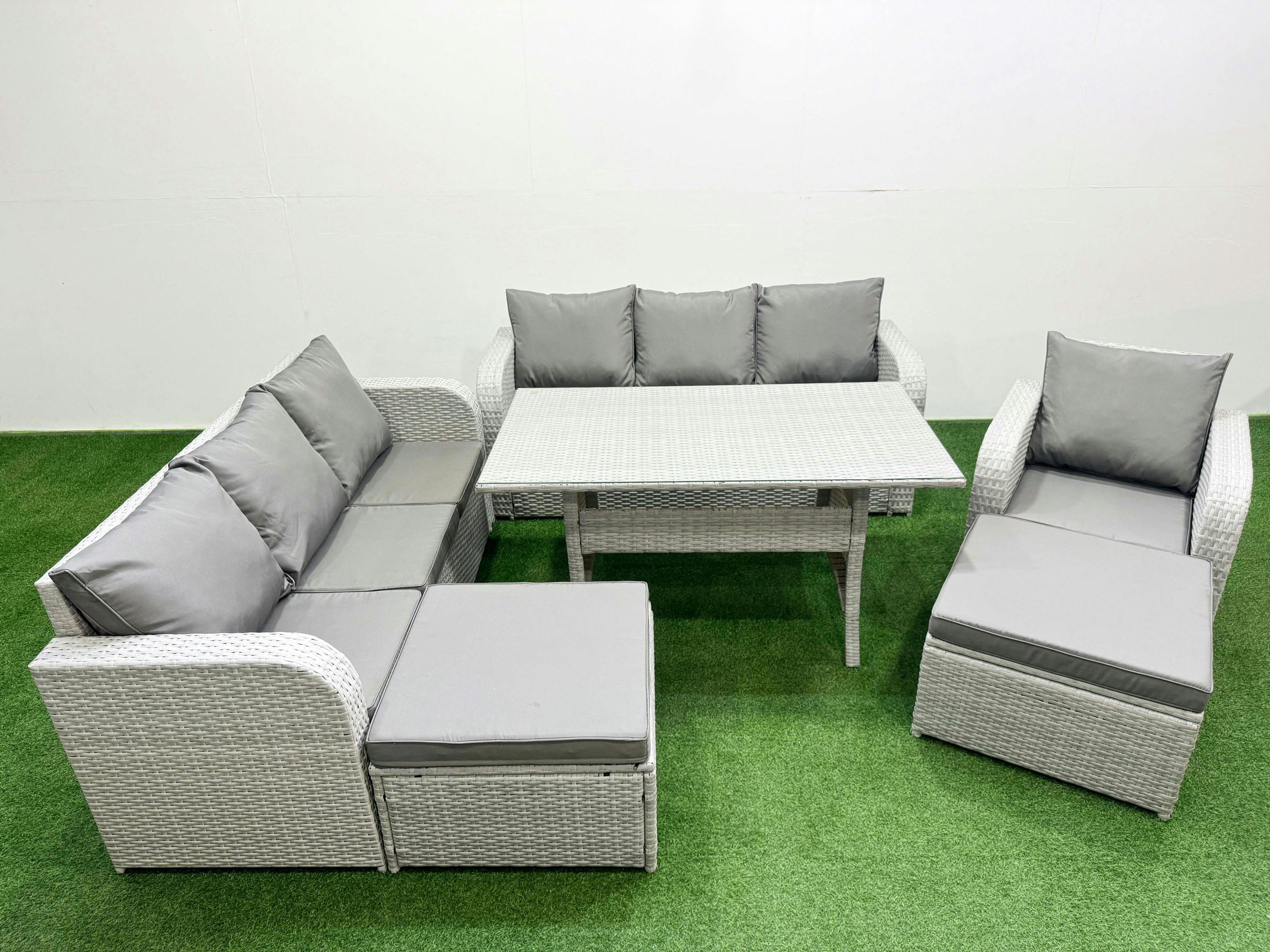 Rackhams Light/Grey 9 Seater Poly Rattan Garden Furniture Patio Set, Dining Table, 3 Seater Sofa, Reclining Chair, 3 Seater Sofa, 2 Big Footstools,