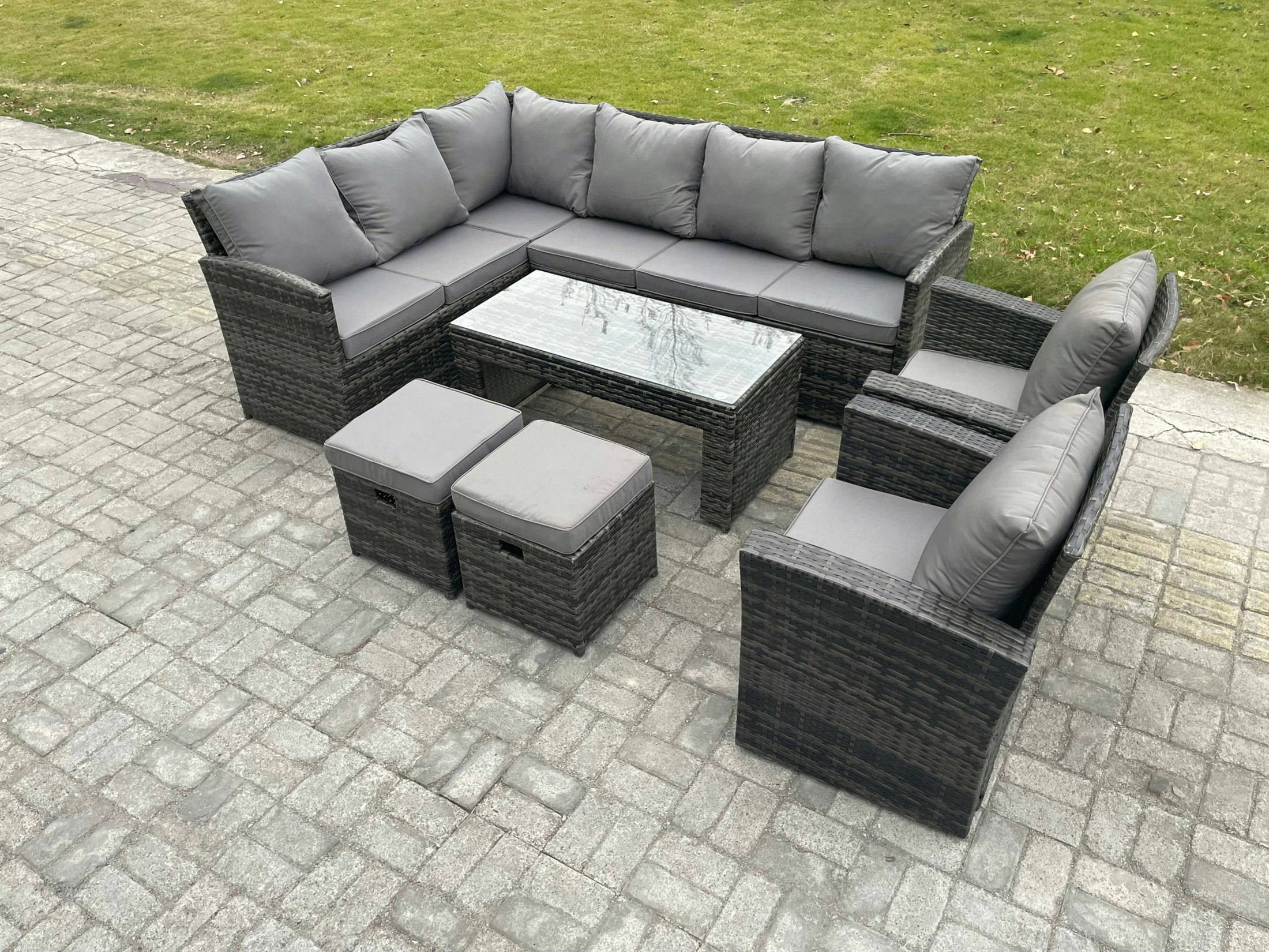 Fimous Dark/Grey Rattan Garden Furniture Sets High Back Corner Sofa Oblong Coffee Table Set With 2 Small Footstool 2 Armchairs Mixed