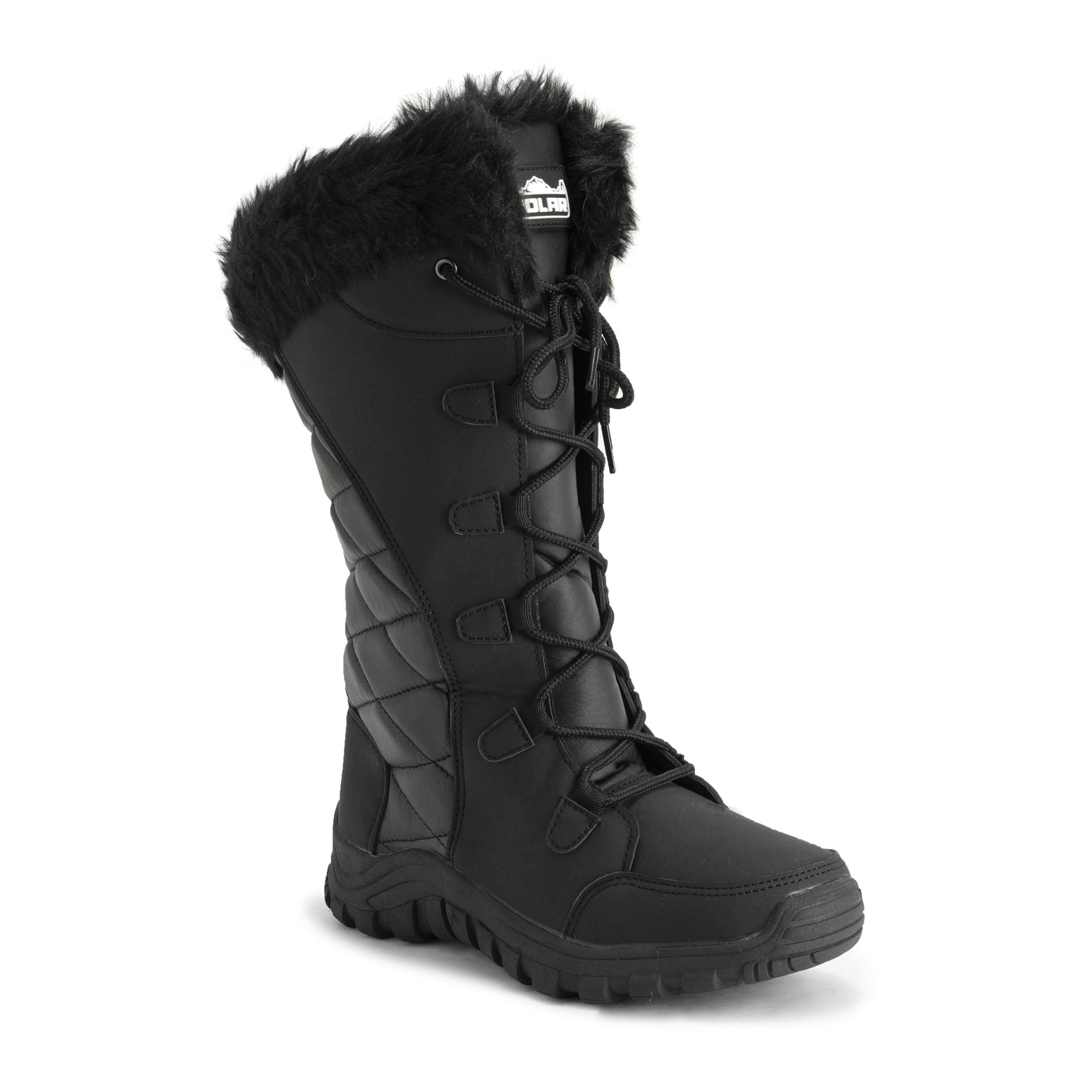 Viva Women's Black Quilted Lace Up Waterproof Outdoor Cuff Snow Rain Boot - 6 - Leather Tall