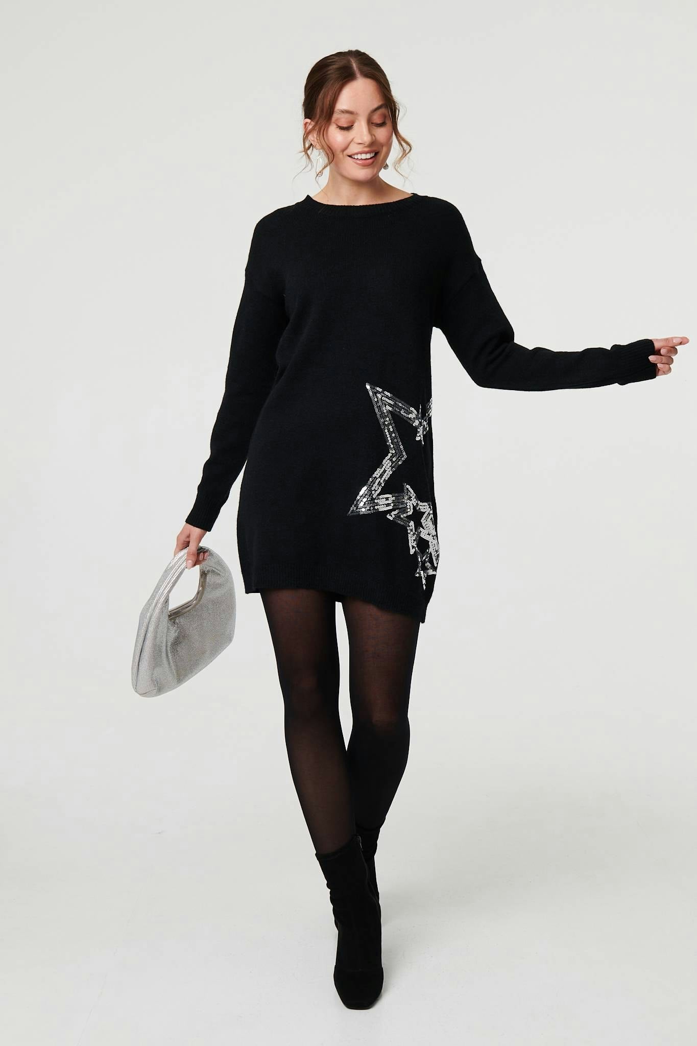 Izabel London Black Sequin Star Long Sleeve Knit Short Dress - 8