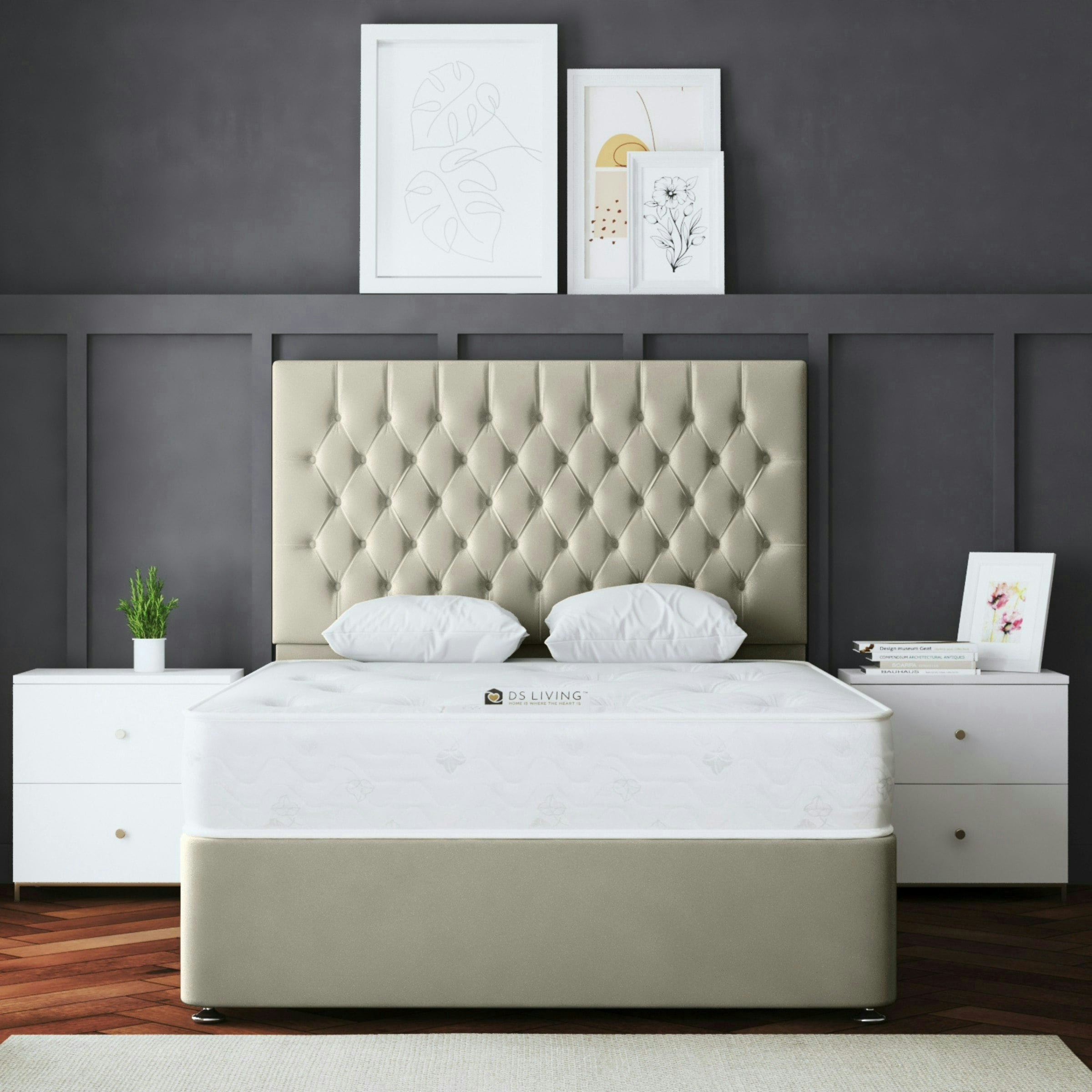 Rackhams Beige Seraphine Divan Bed With Upholstered Headboard - King