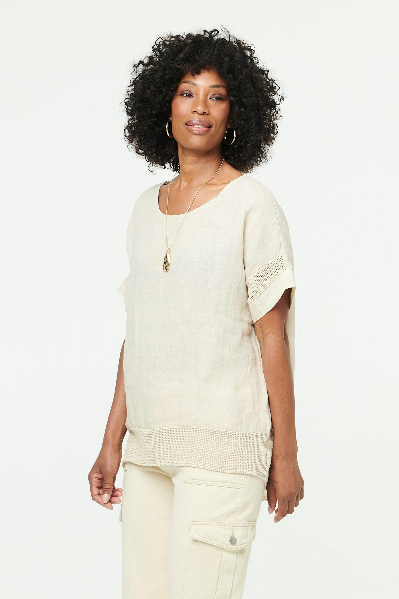 Izabel London Light Relaxed Mesh Trim 1/2 Sleeve Top - 10 - Linen