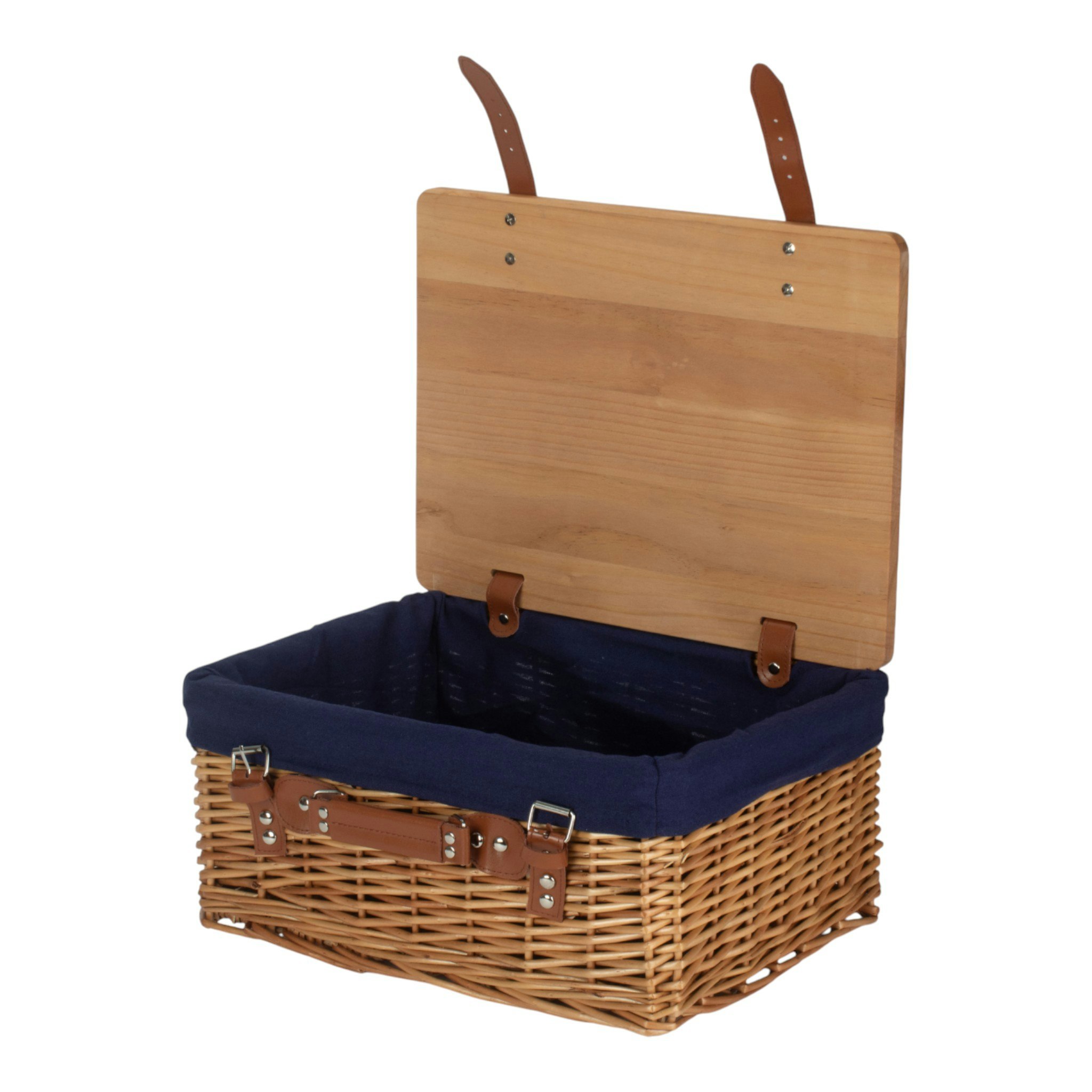 Red Hamper Double Steamed Navy Lined Willow Picnic Basket With Pinewood Lid - Medium - 1 - Wicker And Pinewood