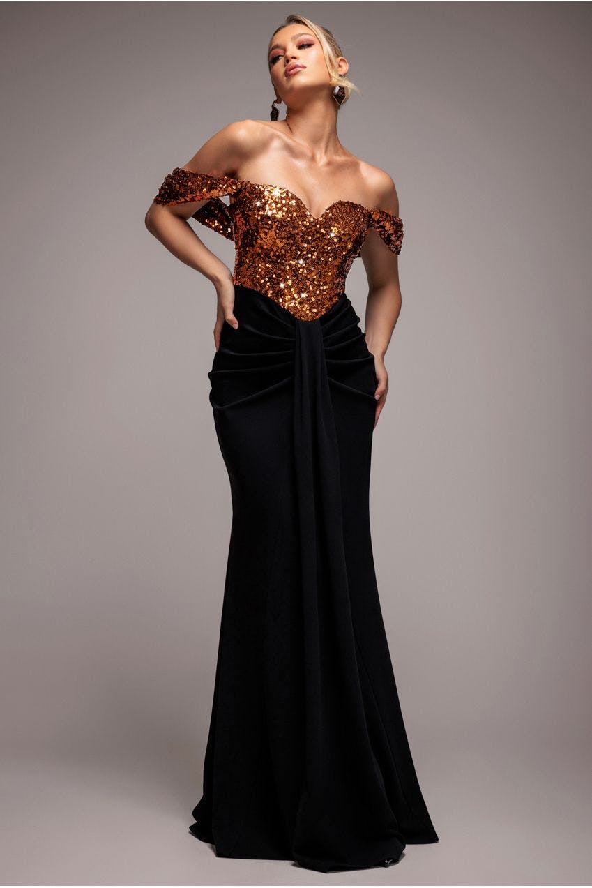 Goddiva Bronze Corset Sequin Wing Bodice Scuba Skirt Maxi Dress - By - 14