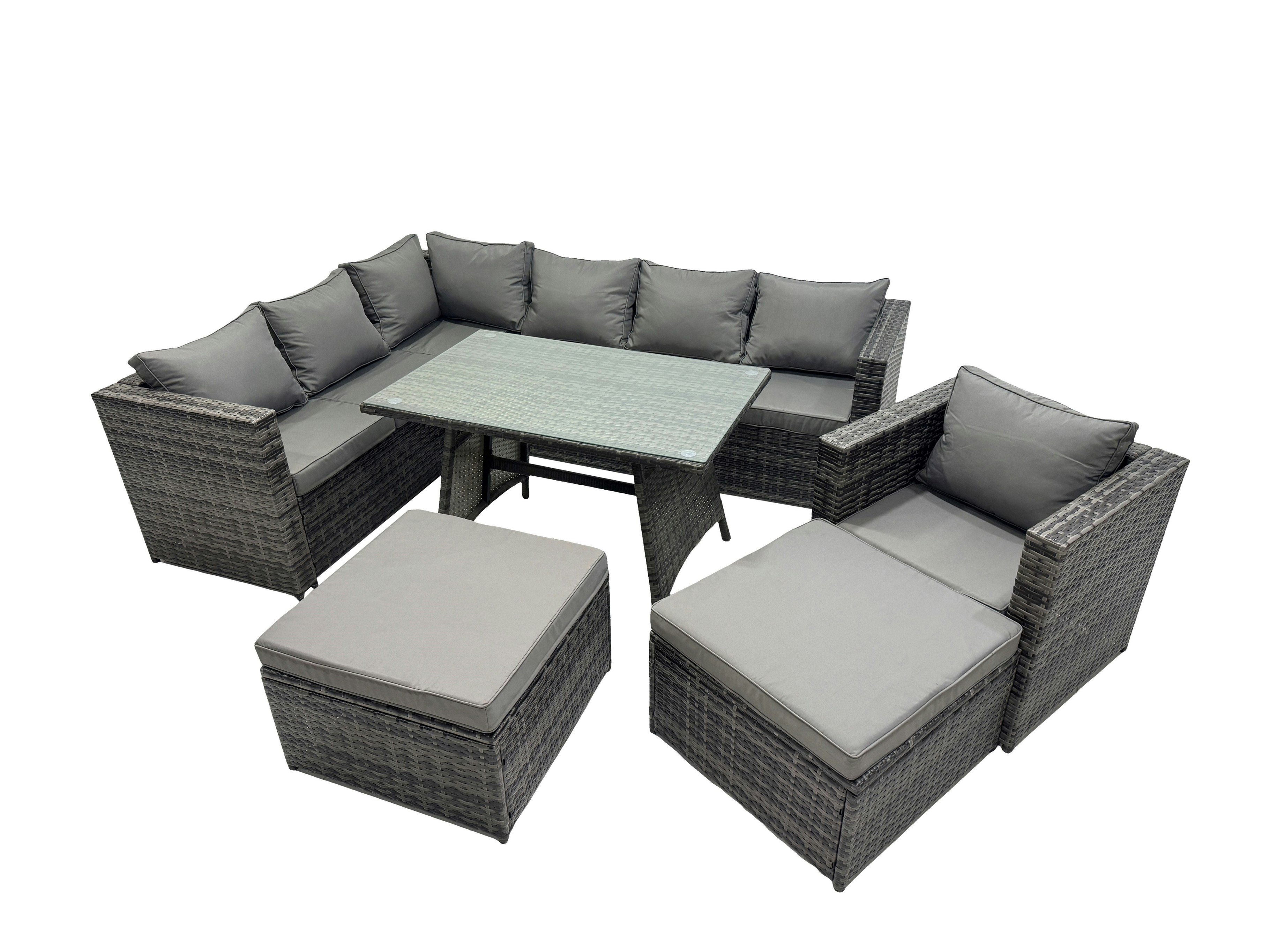 Fimous Dark/Grey 9 Seater Outdoor Pe Rattan Sofa Set With Dining Table Patio Garden Furniture Sets With Chair 2 Big Stools Mixed