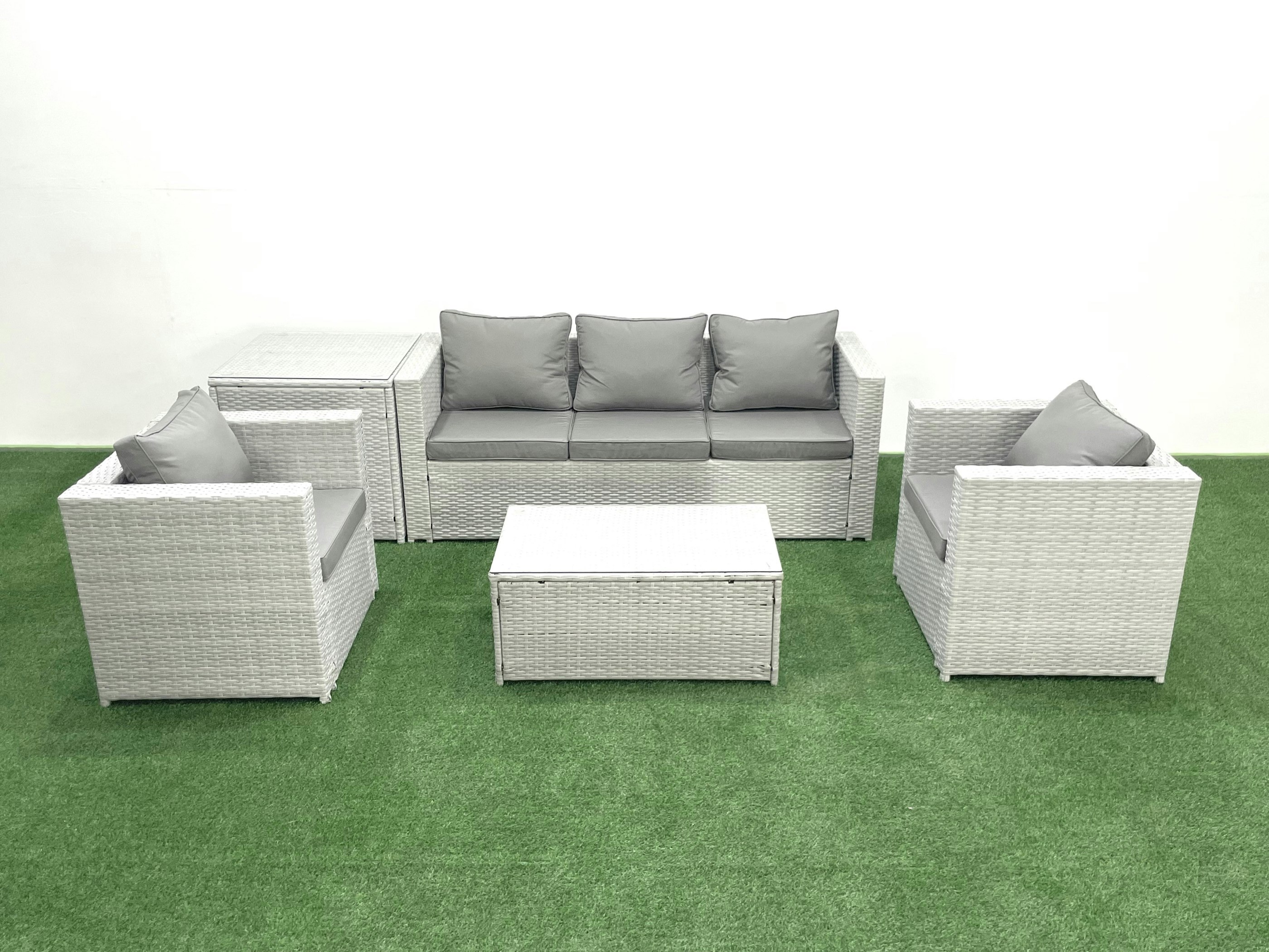 Rackhams Light/Grey Rattan Garden Furniture Set With 3 Seater Sofa 2 Chair Rectangular Coffee Table Side Table Mixed 5 Seater