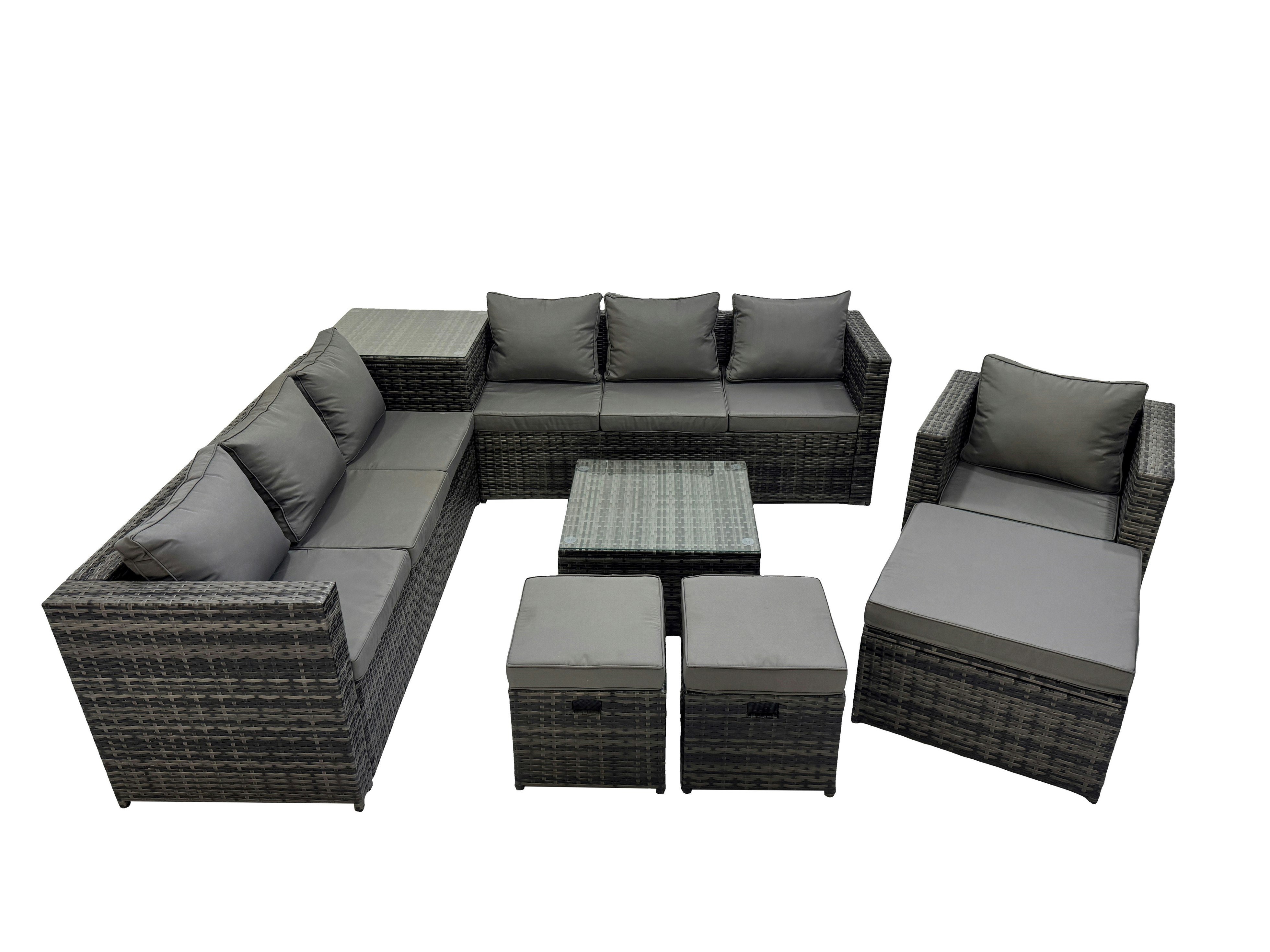 Rackhams Dark/Grey 10 Seater Garden Outdoor Rattan Furniture Set Patio Corner Sofa Coffee Table With Side Table 3 Stool