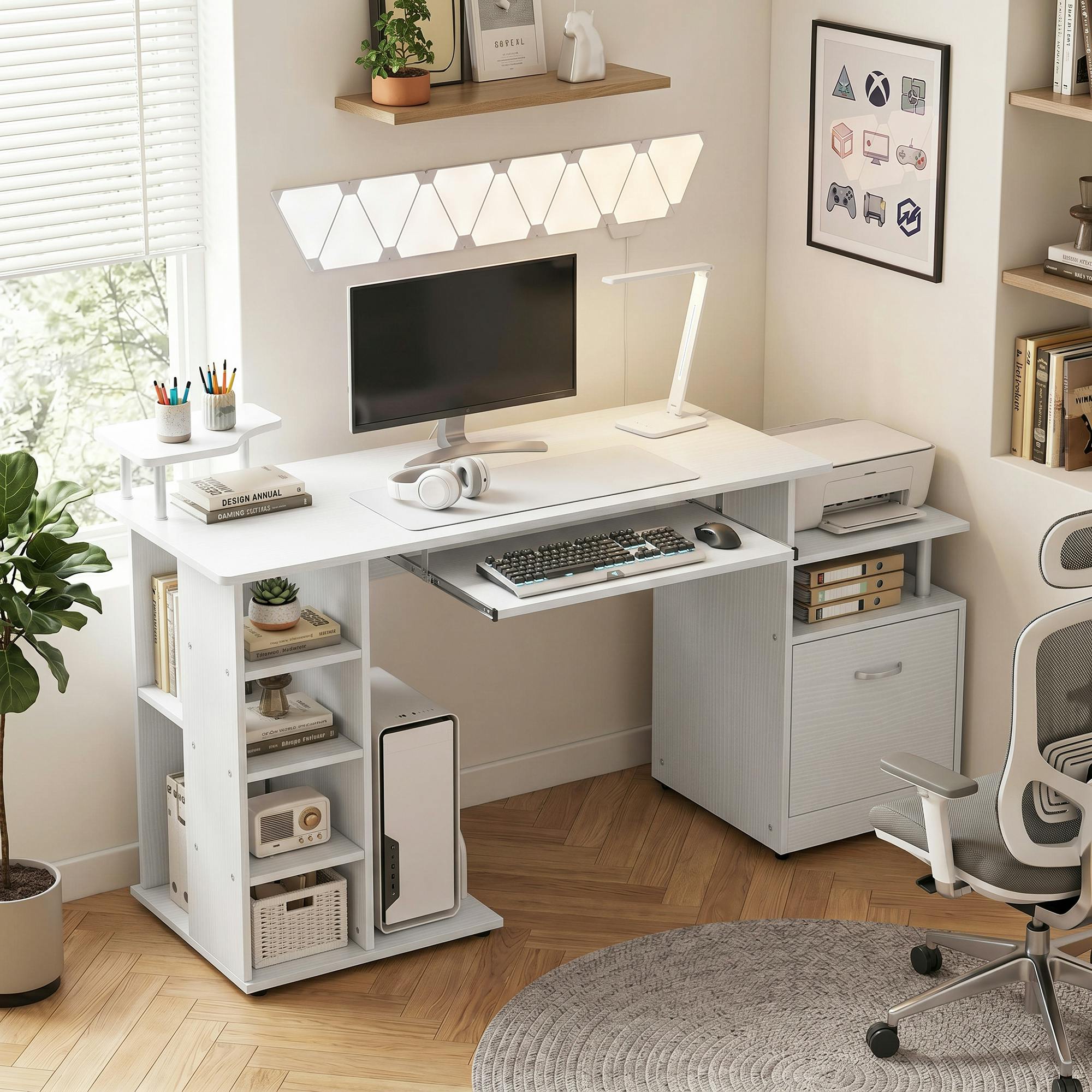 Rackhams White Wood Computer Desk Laptop Workstation Drawer Shelf For Home Office