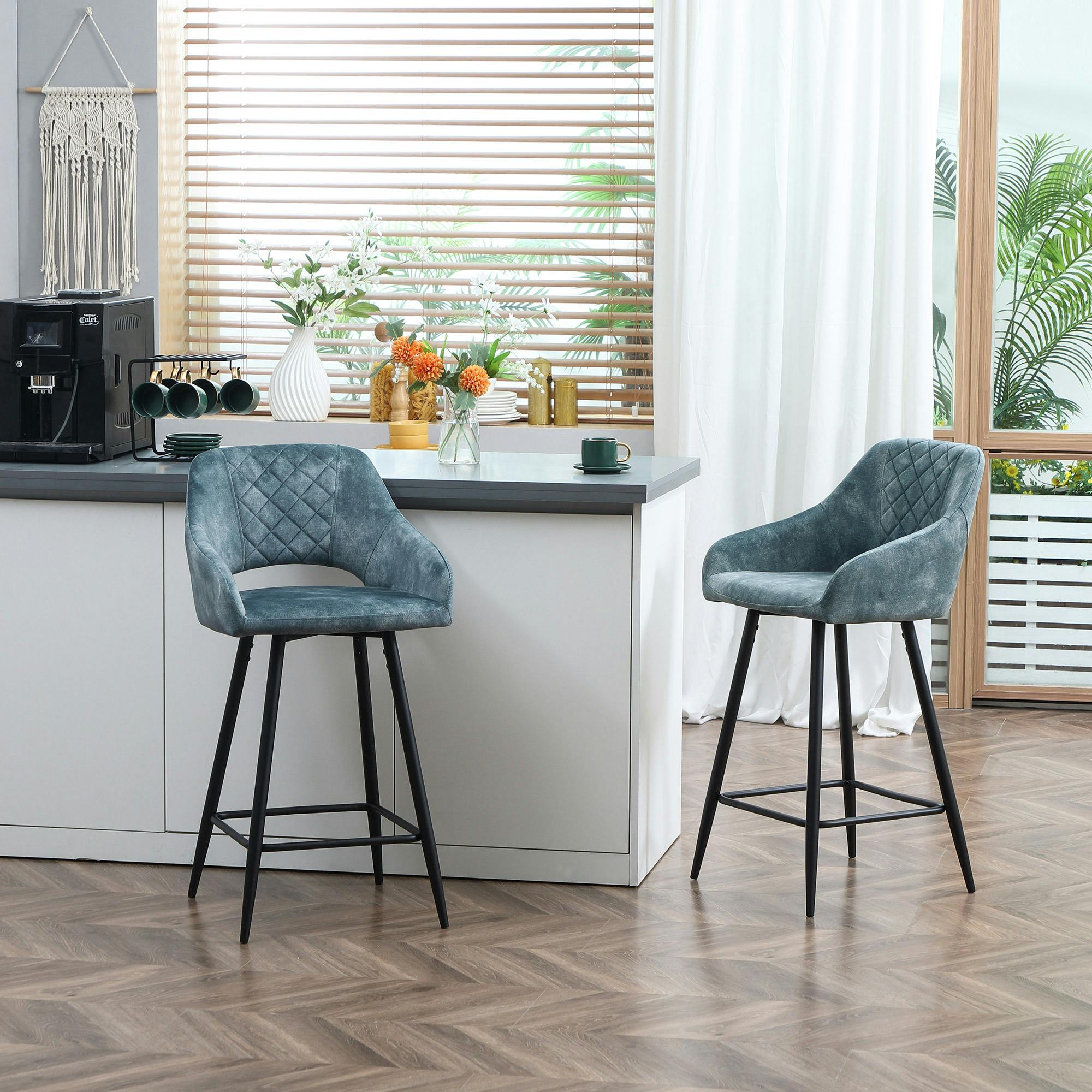 Homcom Brown Bar Stools Set Of 2, Velvet-Touch Fabric Counter Height Bar Chairs