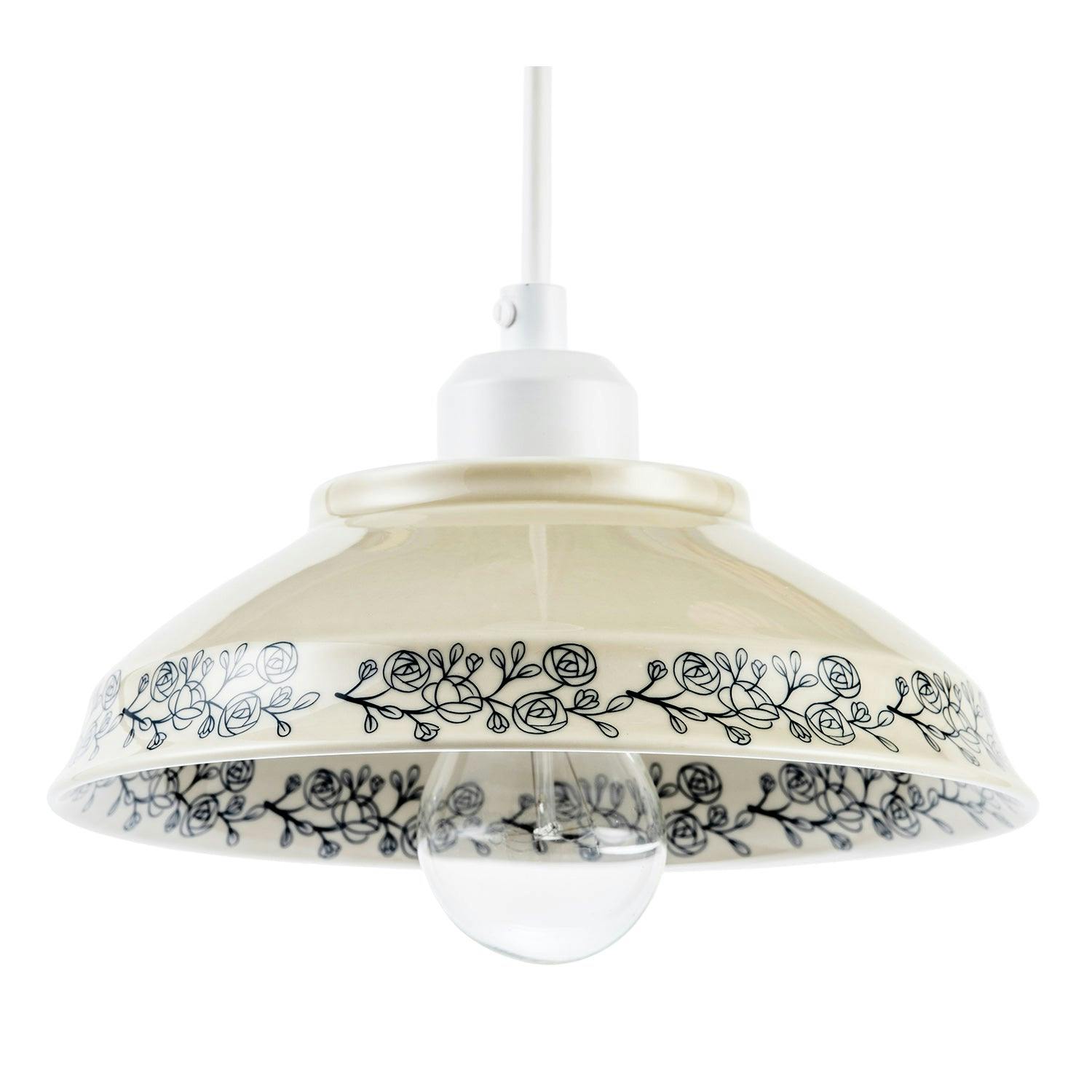 Happy Homewares Cream/Light/Blue Gloss Ceramic Pendant Shade With Navy Floral Design