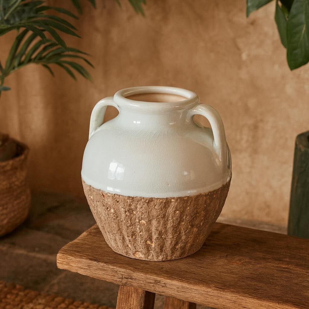 Wyld Haus White Stonewild Medium Amphora And Sand Textured Ceramic Vase With Handles