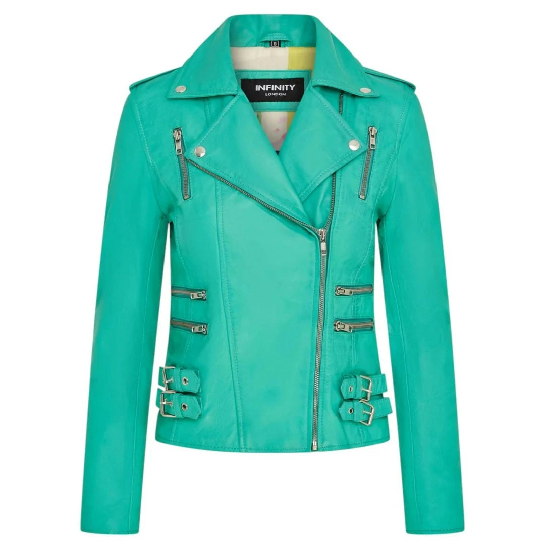 Infinity Leather Women's Leather Company Real Lamb Nappa Leather Vintage Biker Jacket - Aqua - Uk 10