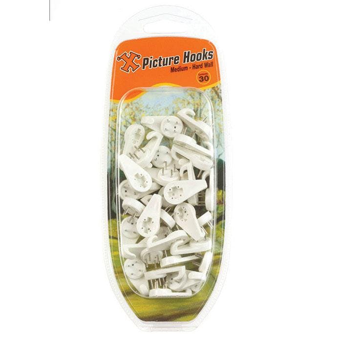 Rackhams White Hard Wall Hooks Medium Nylon 30Pk - One Colour - One Size - One Colour