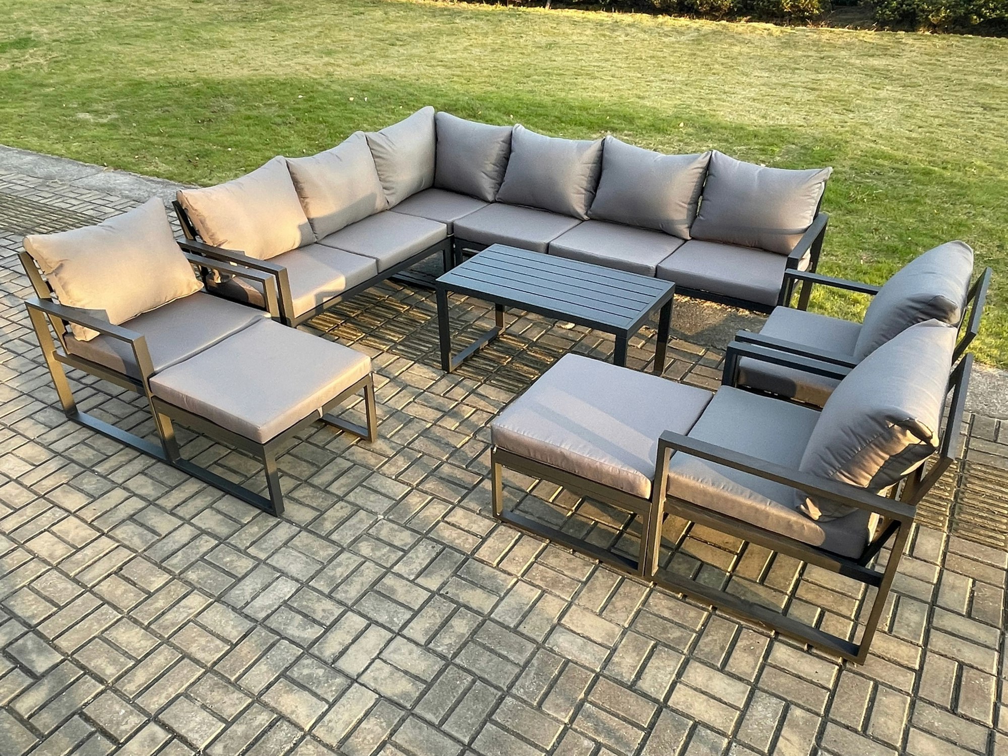Fimous Dark/Grey Aluminum 11 Seater Outdoor Lounge Corner Sofa Set Garden Furniture Sets With Oblong Coffee Table 3 Chairs 2 Big Footstools
