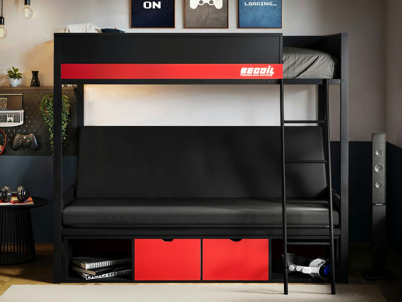 Rackhams Black/Red Nova Storage Gaming Metal Bunk With Futon & - Single