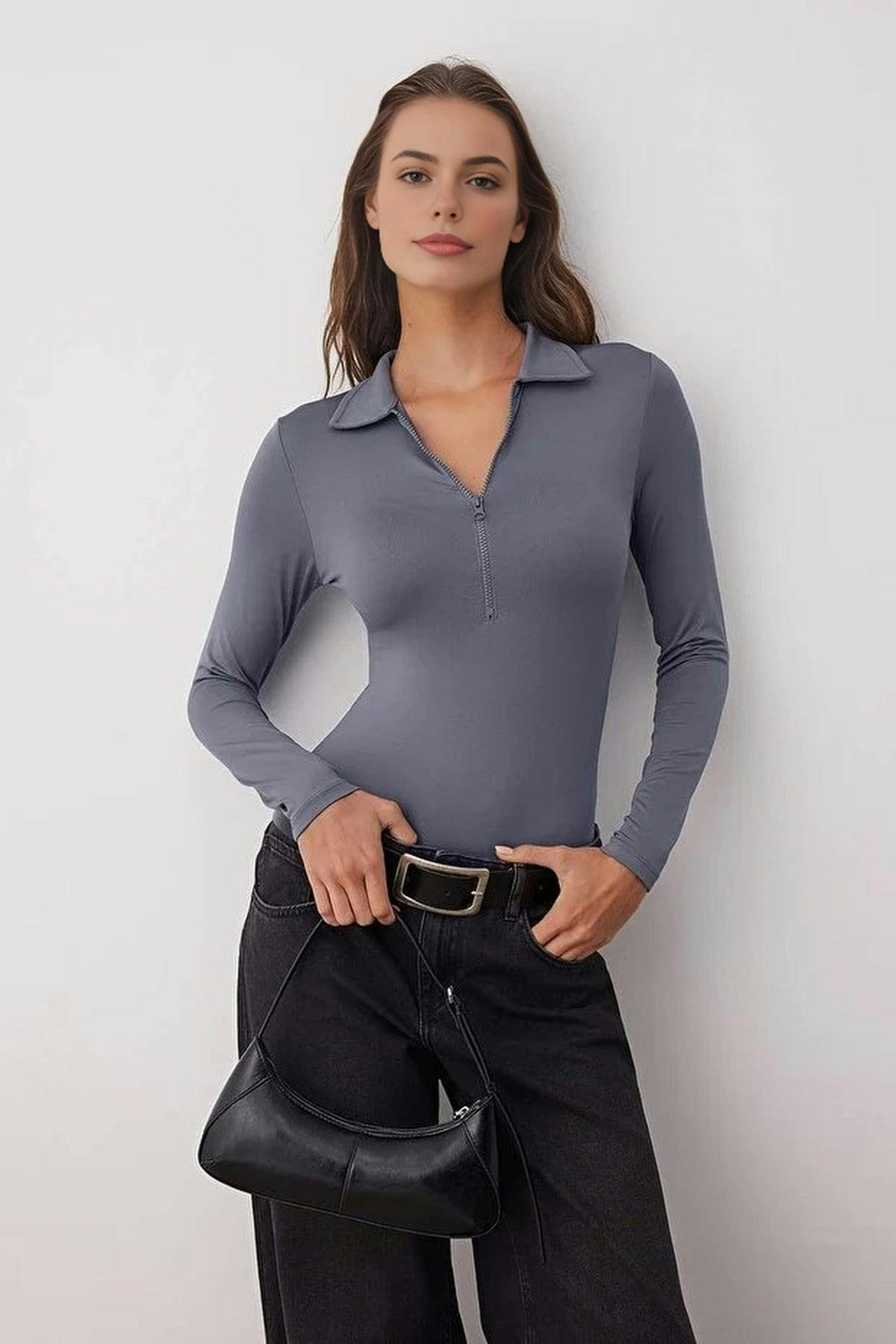 Wovcor Gray Zipper Collar Detailed Knit Bodysuit - Xs