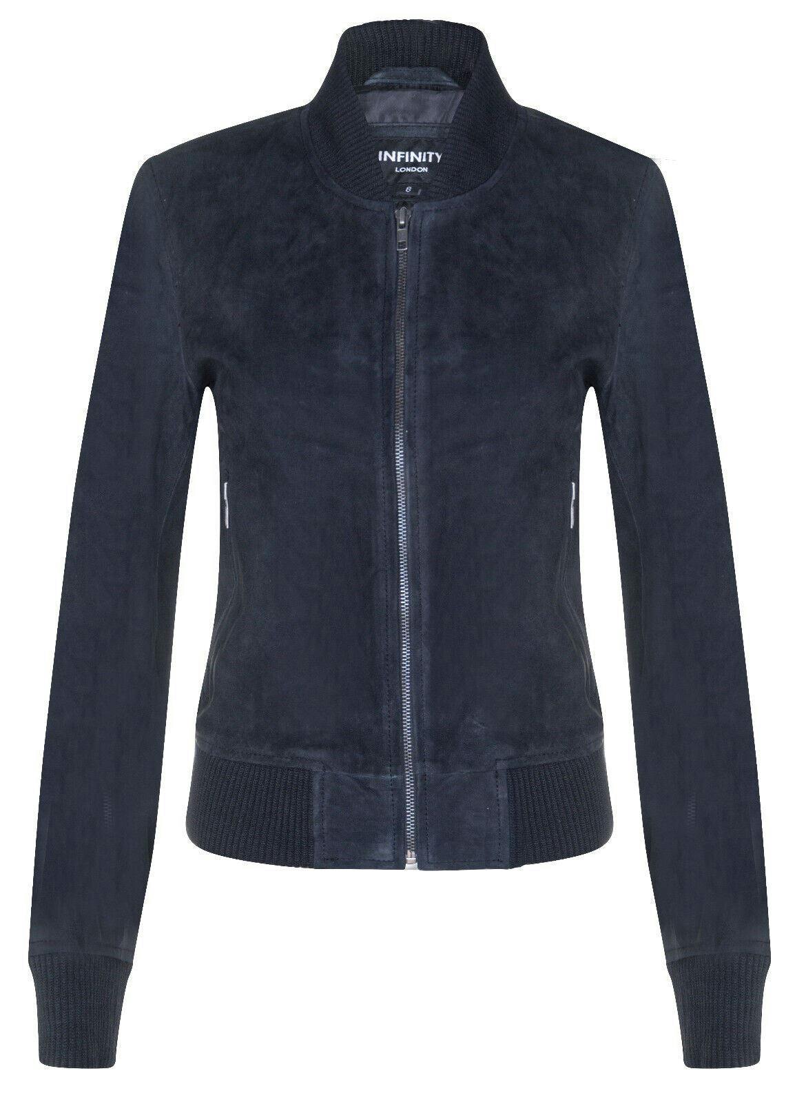 Infinity Leather Women's Ma-1 Suede Bomber Jacket-Arnhem - Navy - Uk Xl/16 | Eu 42 | Us 12