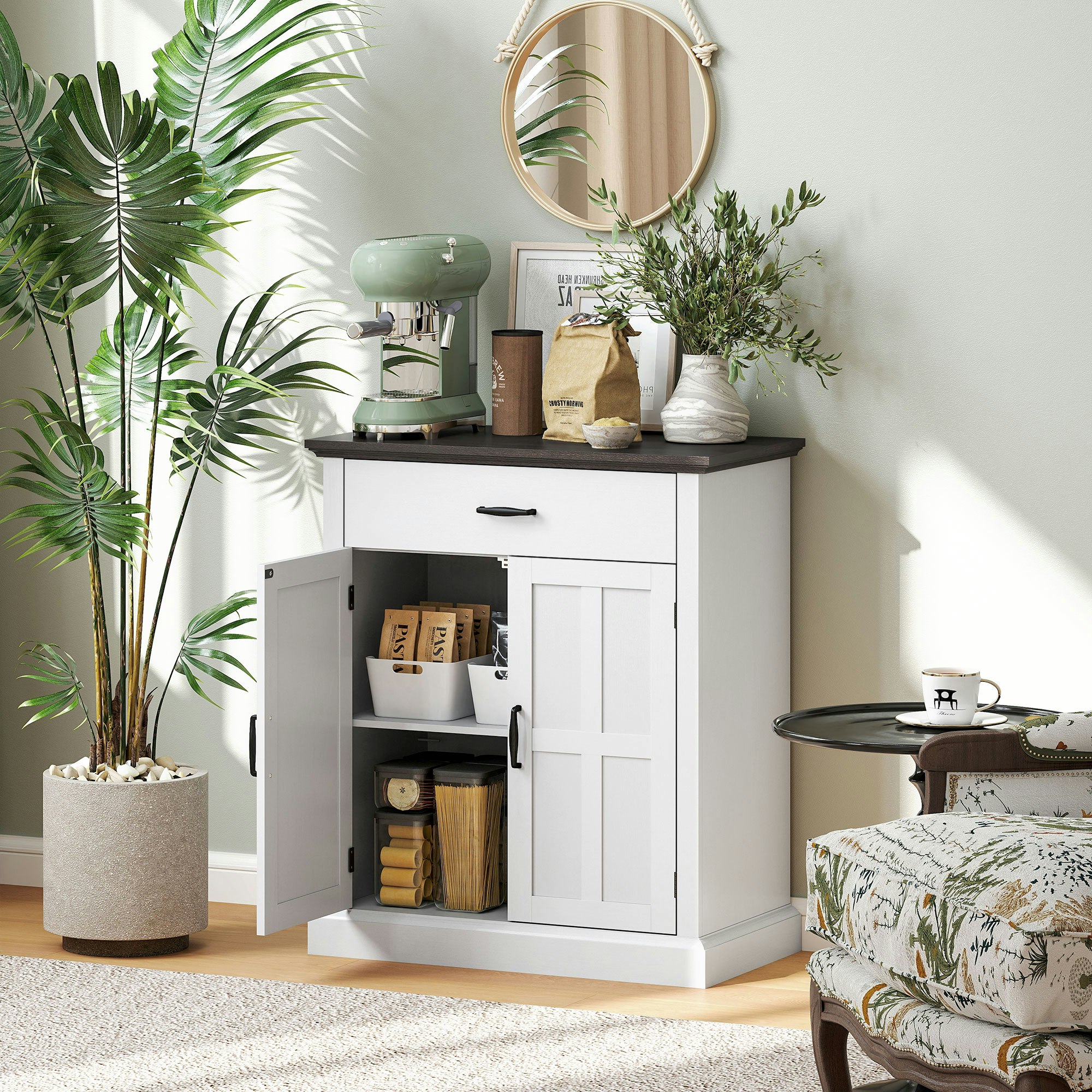 Homcom White Sideboard Storage Cabinet With Thick Tabletop And 2 Barn Doors