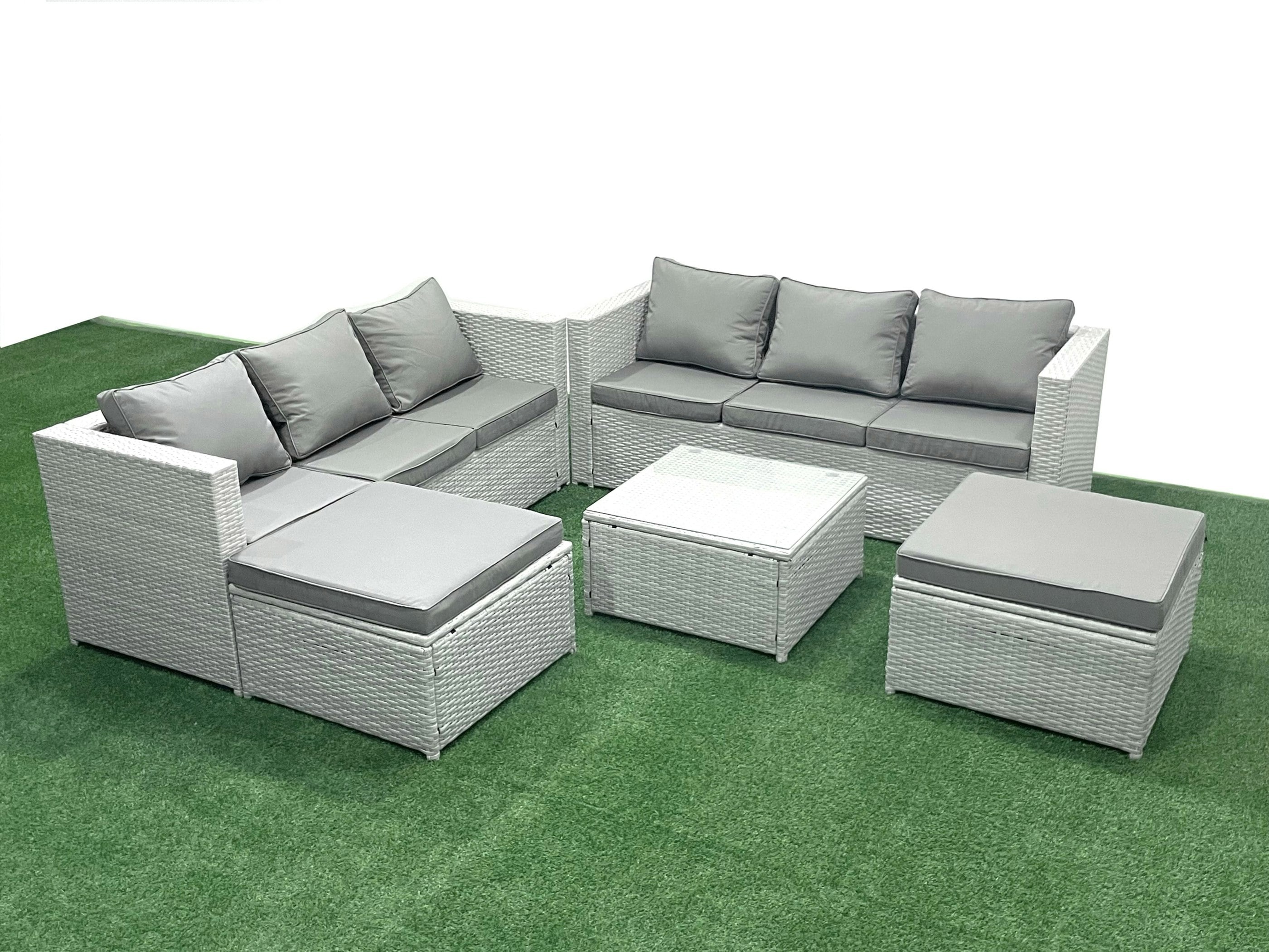 Rackhams Light/Grey Rattan Garden Outdoor Furniture Set 8 Seater Rattan Garden Sofa Set With 2 Big Footstools Mixed