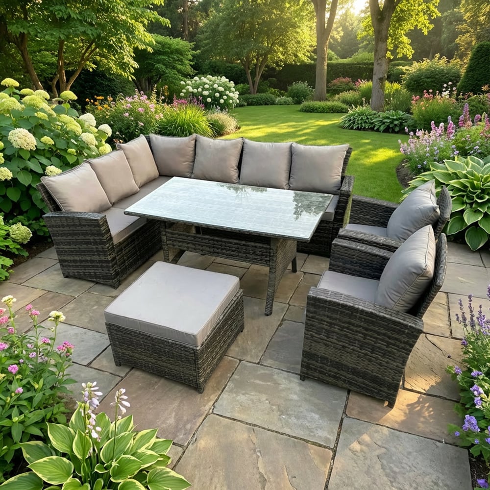 Rackhams Dark/Grey 9 Seater High Back Rattan Garden Furniture Set With Corner Sofa, Rectangular Dining Table, 2 Arm Chairs, Large Footstool