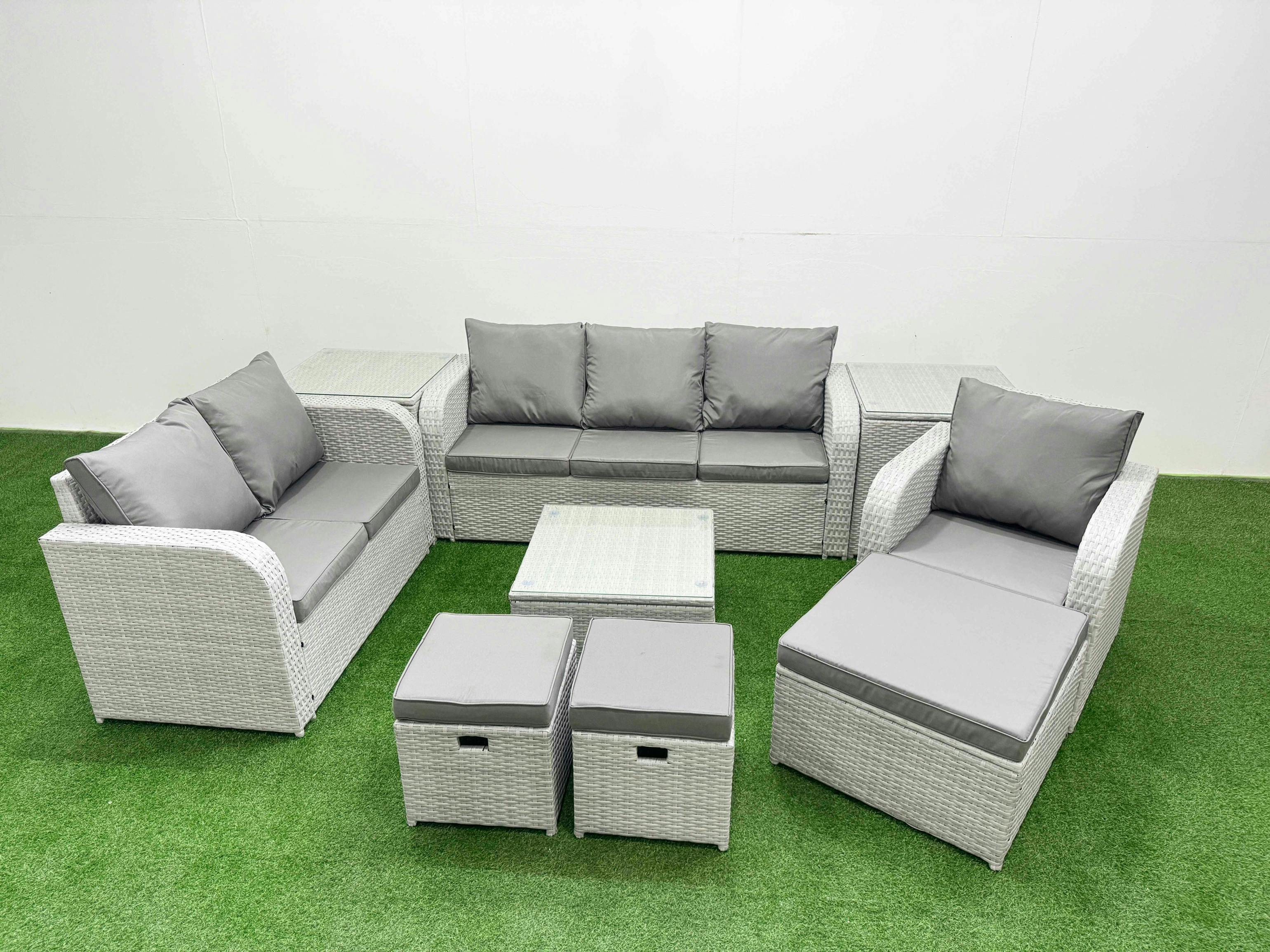 Rackhams Light/Grey 9 Seater Outdoor Furniture Set, Pe Rattan, Square Coffee Table, Reclining Chair, Loveseat, 3 Seater Sofa, Stool And 2 Side Tables,