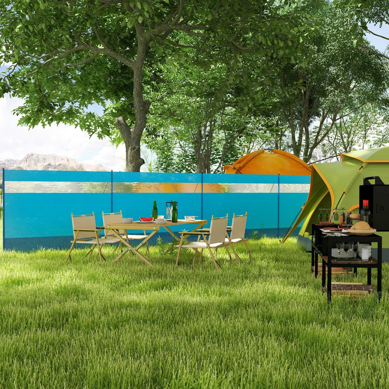 Outsunny Blue Camping Windbreaks With Clear Windows And Carry Bag, 725 X 140Cm,