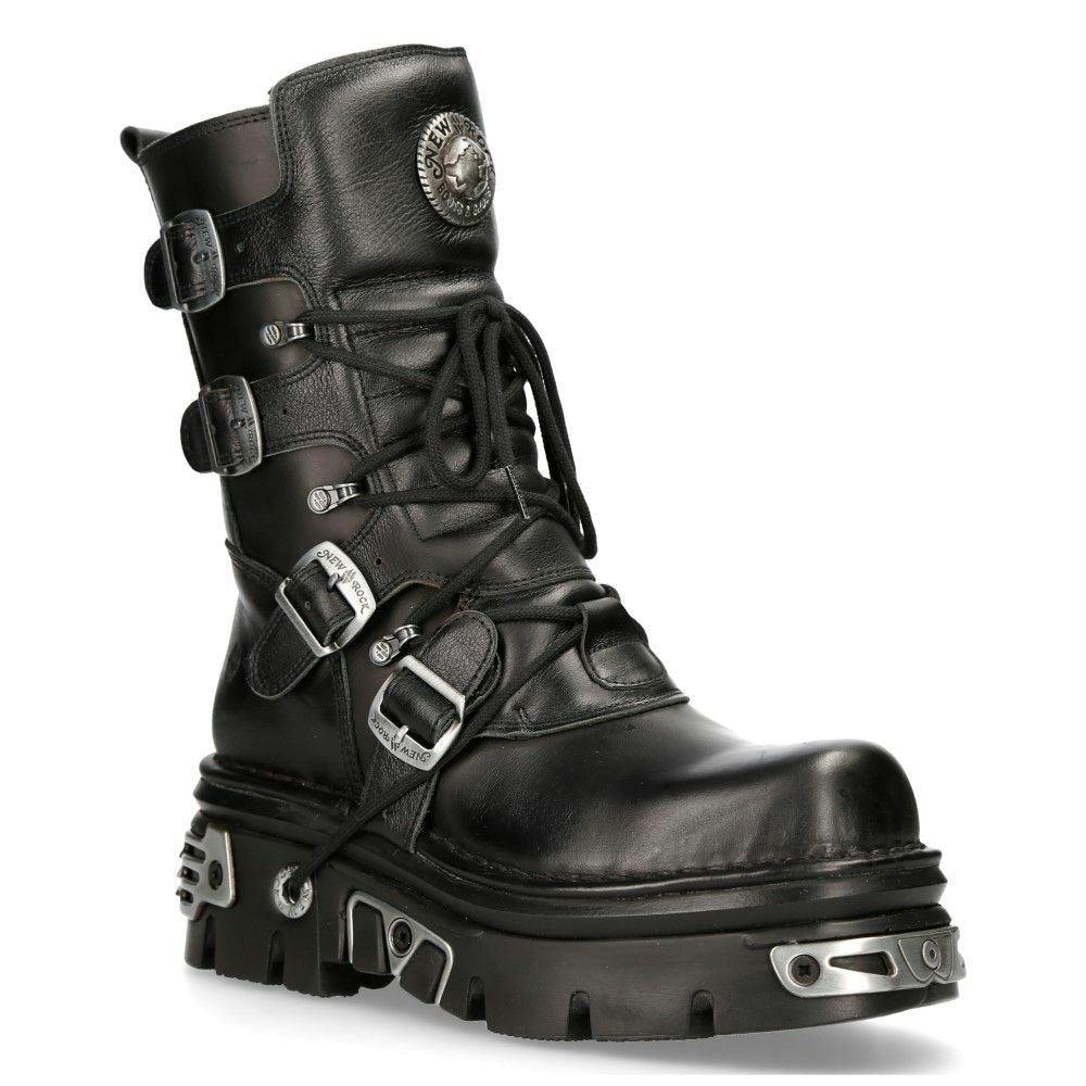 New Rock Unisex Black Leather Gothic Mid-Calf Boots-373-S4 - Uk 6.5 | Eu 40 | Us 9