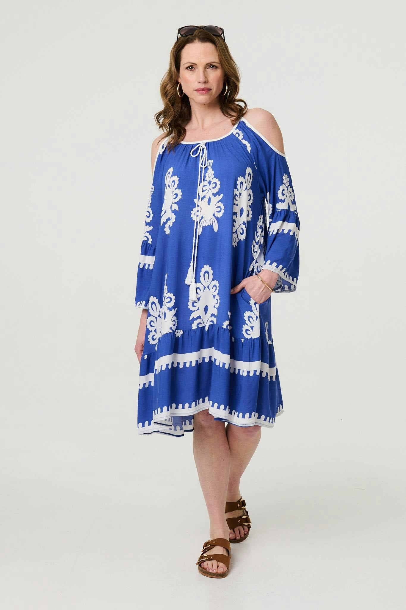 Izabel London Women's Blue Ikat Print Cut Out Knee Length Sun Dress - 8