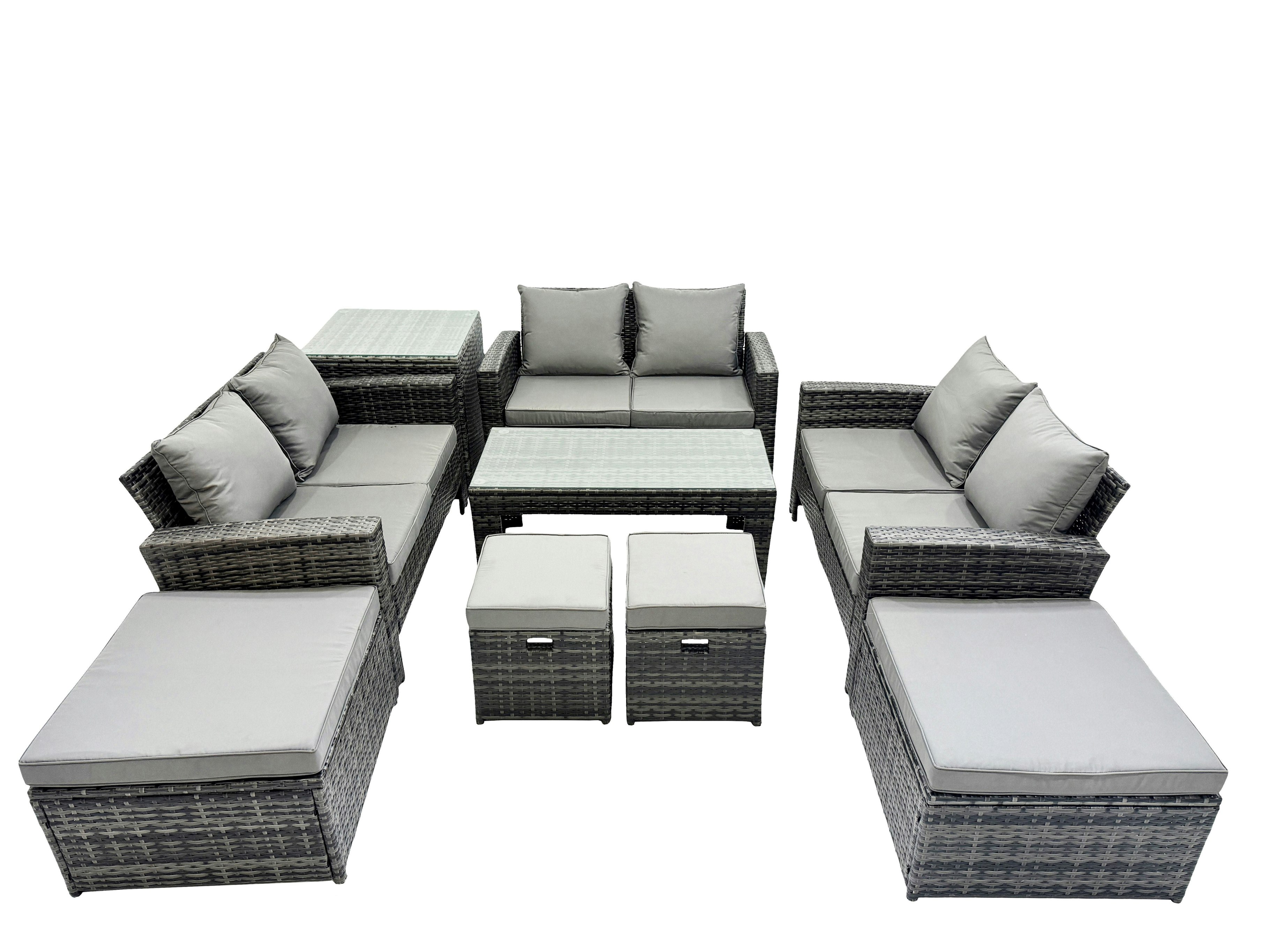 Rackhams Dark/Grey Outdoor Love Sofa Set 10 Seat Rattan Garden Furniture Set With Oblong Coffee Table 4 Stools Side Table Mixed