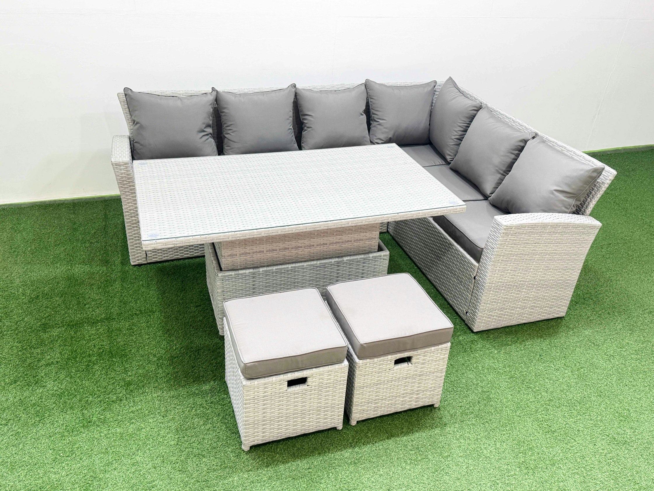 Fimous Light/Grey 8 Seat Rattan Garden Furniture Corner Sofa Set Adjustable Lifting Dining Or Coffee Table Set With Armchair 2 Small Footstools