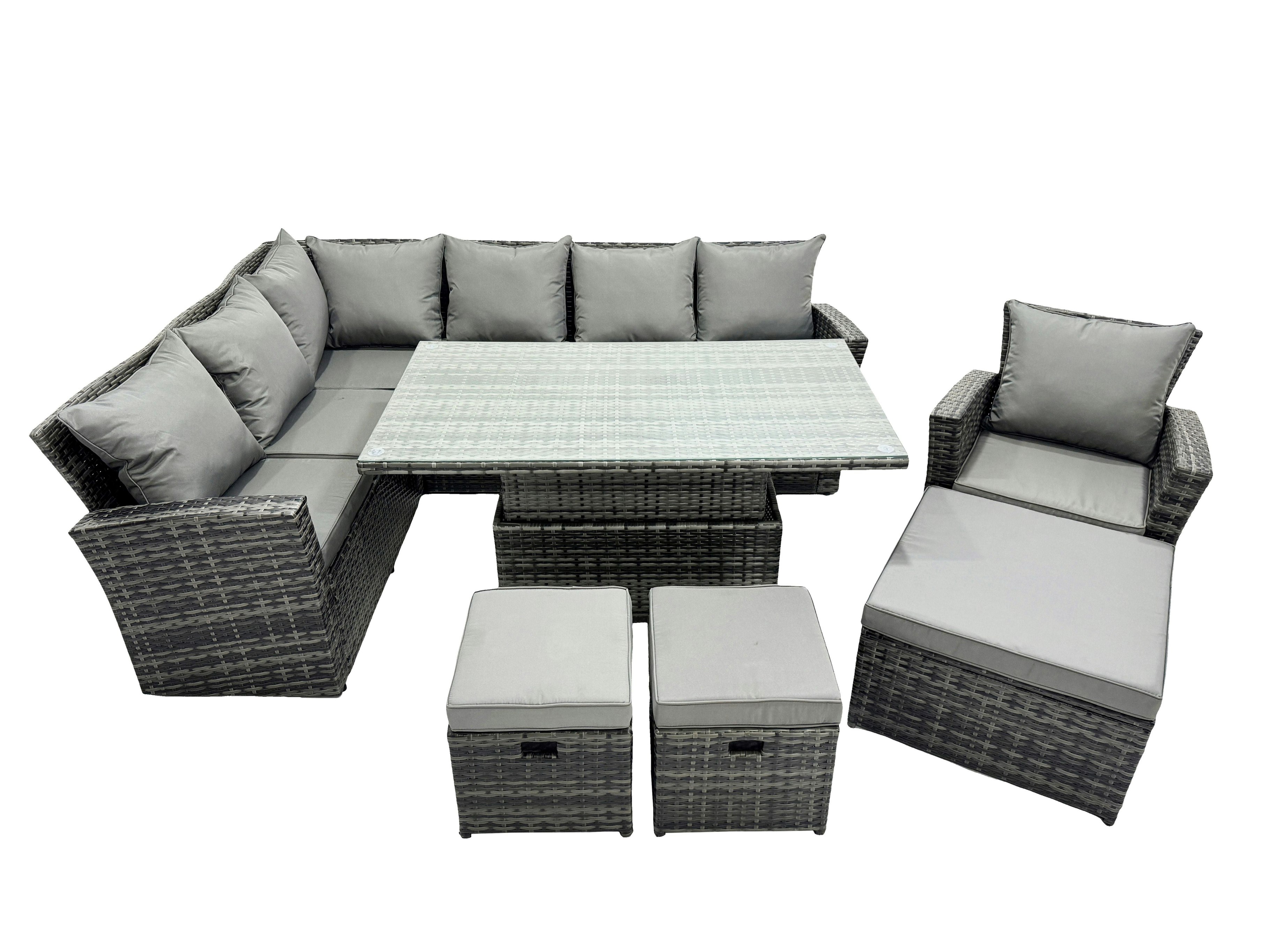 Fimous Dark/Grey Poly Rattan Outdoor Patio Height Adjustable Rising Lifting Table Corner Sofa Set With 3 Stools For Garden Backyard Mixed