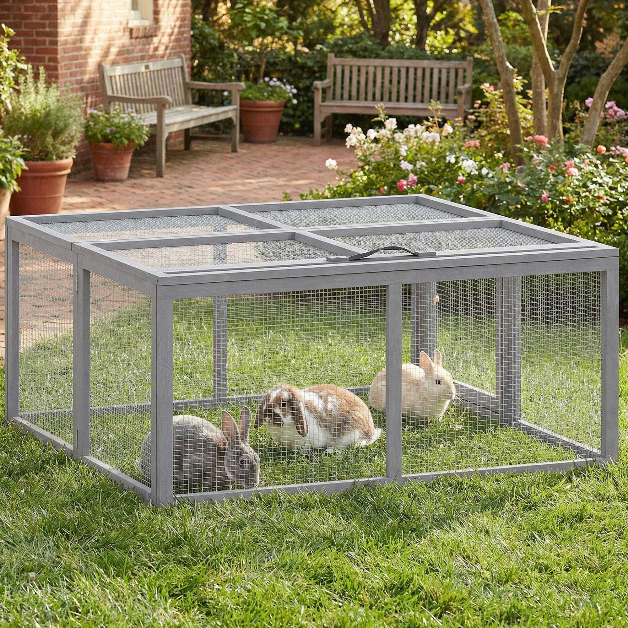 Pawhut Grey Rabbit Hutch Outdoor, Foldable & Portable, Rabbit Cage W/ Open Top - Pine Wood, Galvanised Mesh - 1