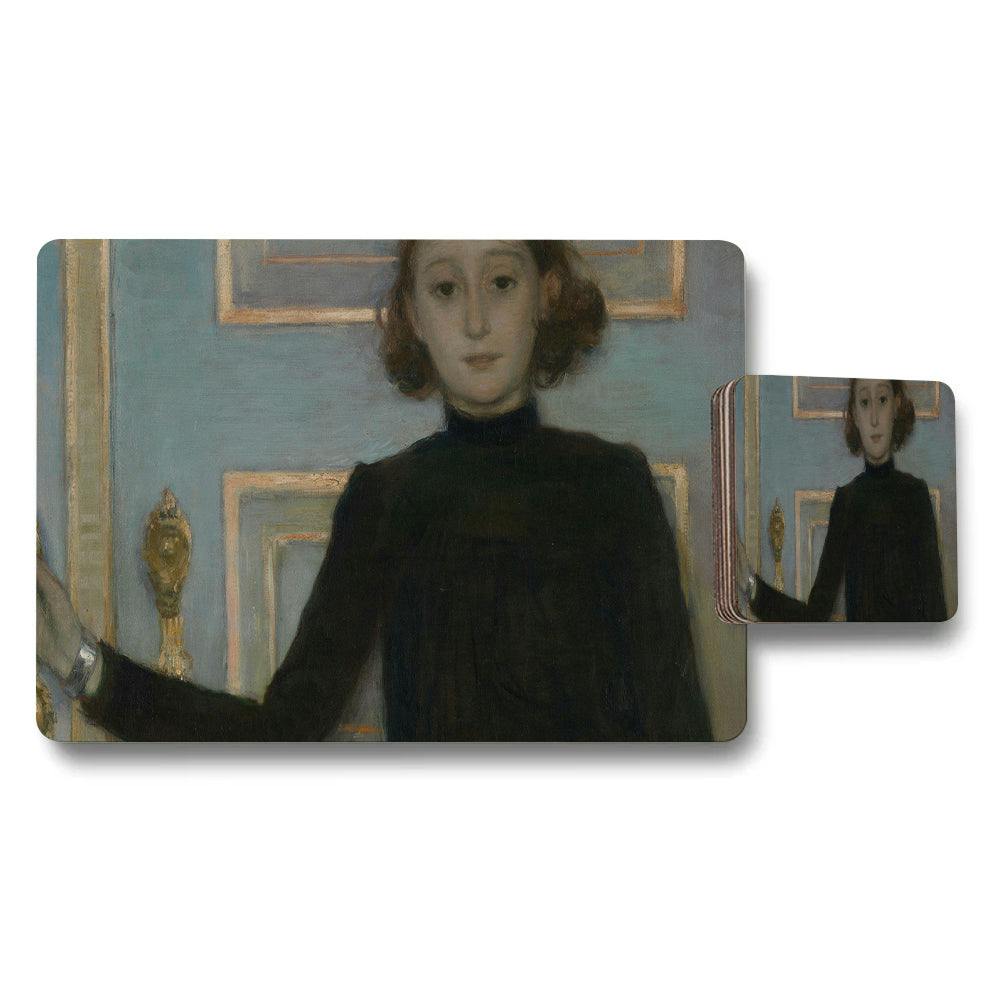Benjamin Tate Design Black/Blue/Gold Placemat And Coaster Set Featuring Vintage Portrait Artwork