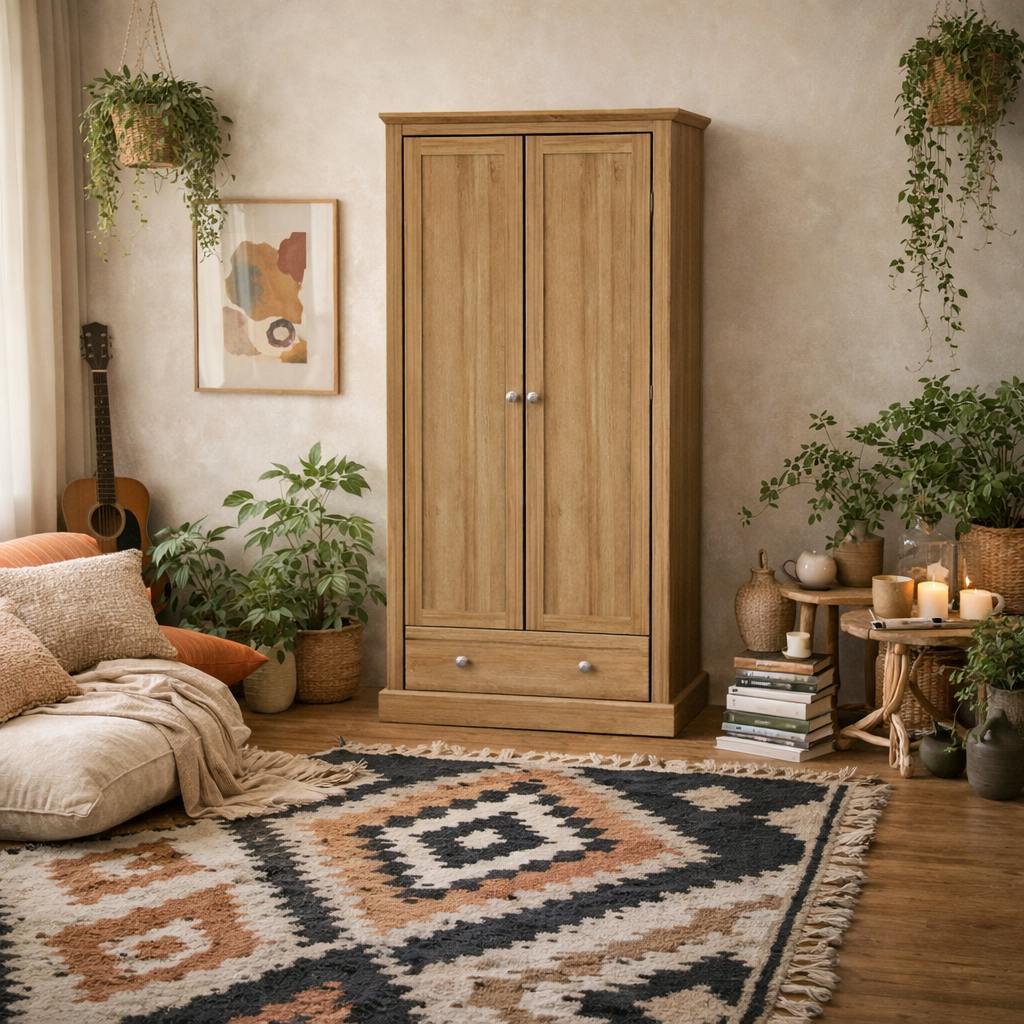 Wyld Haus Grain Ardee Natural Oak Wooden Wardrobe 2 Doors 1 Drawers