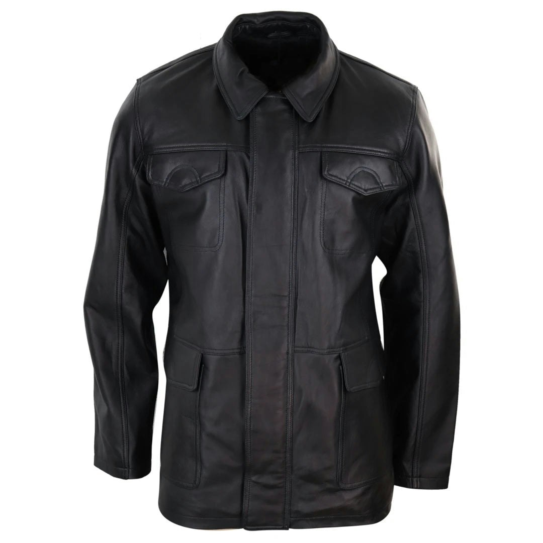 Infinity Leather Men's Leather Company Classic Leather Safari Jacket Over Coat Soft Napa Leather Regular Fit - 4XL