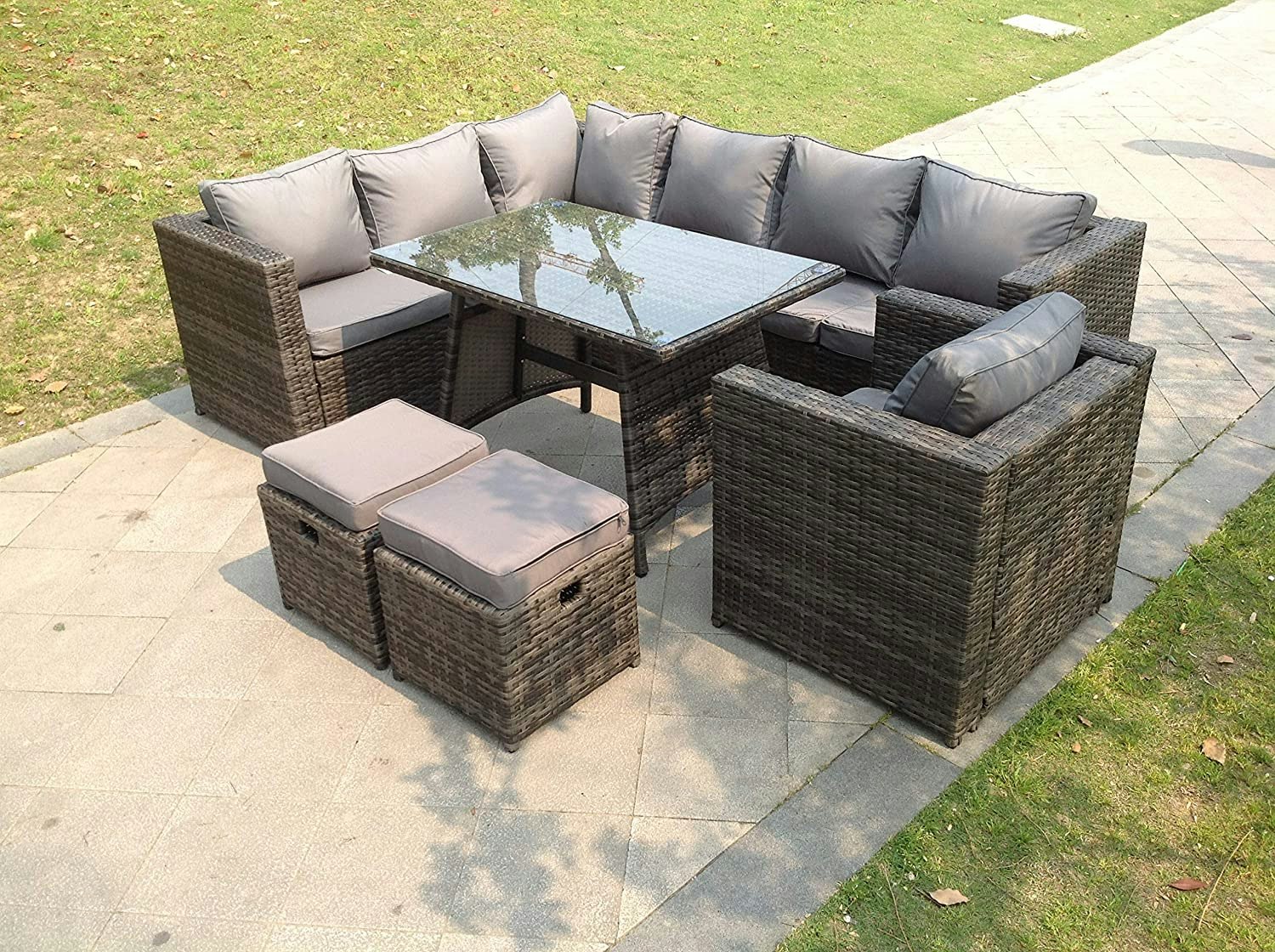 Rackhams Grey 9 Seater Rattan Corner Sofa Set Dining Table Chair Foot Rest Garden Furniture Outdoor