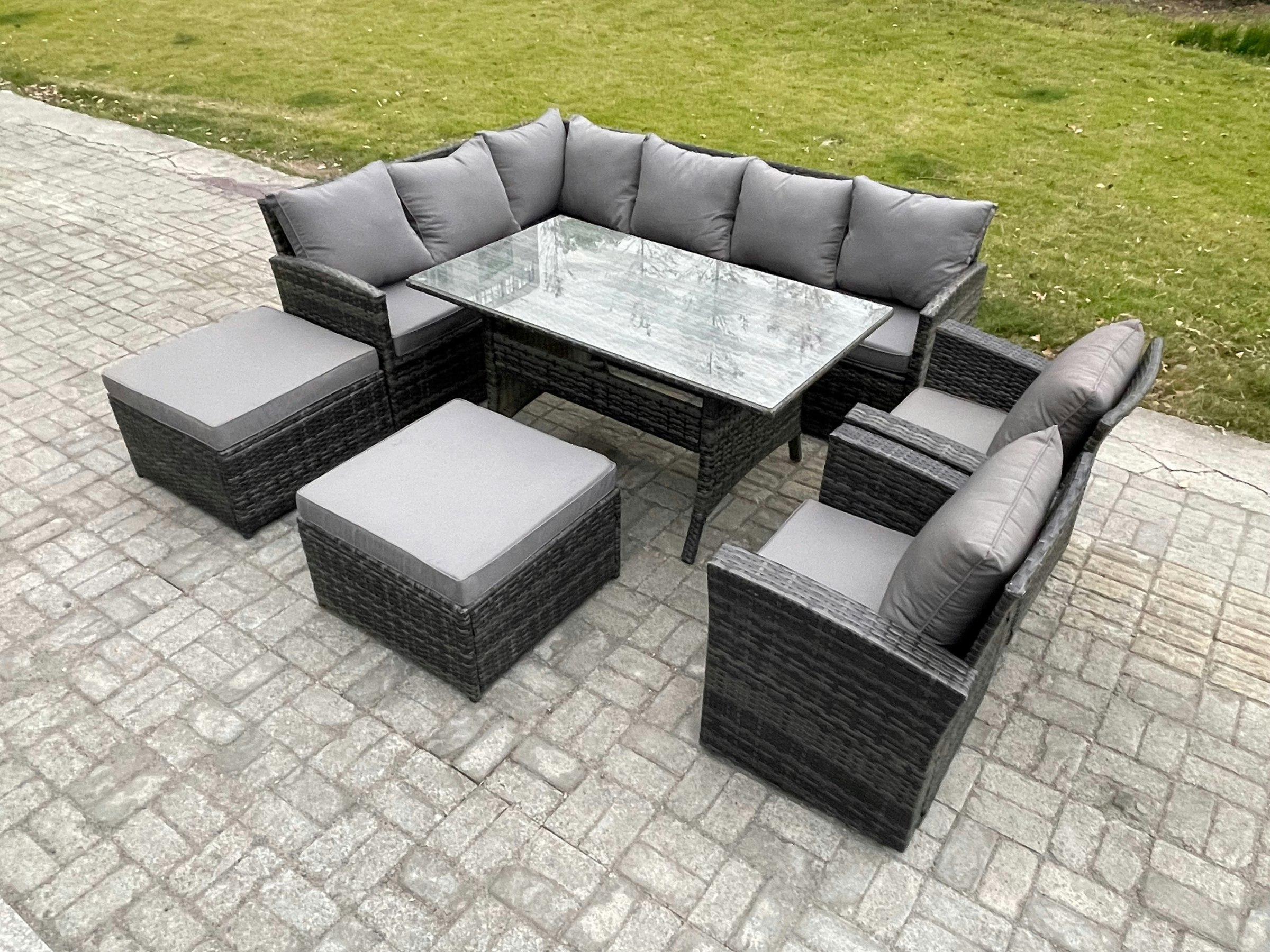 Rackhams Dark/Grey 10-Seater Rattan Outdoor Corner Sofa Set | Rectangular Dining Table, 2 Armchairs, 2 Large Footstools
