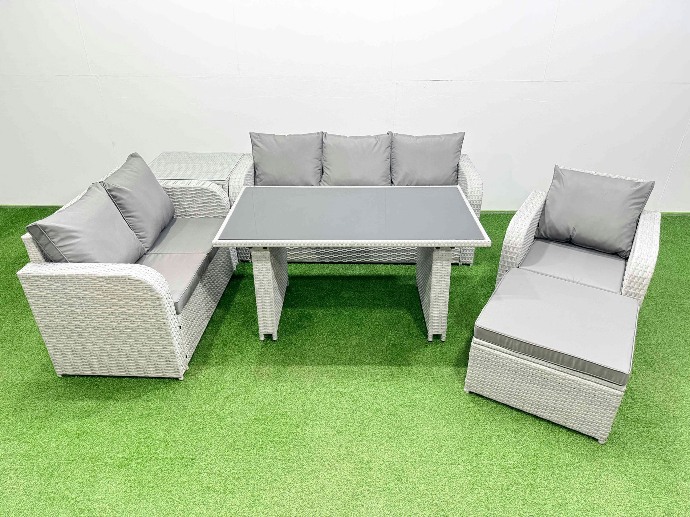 Fimous Light/Grey Rattan Outdoor Table Reclining Chair Sofa Set With Side Table Big Stool 7 Seater