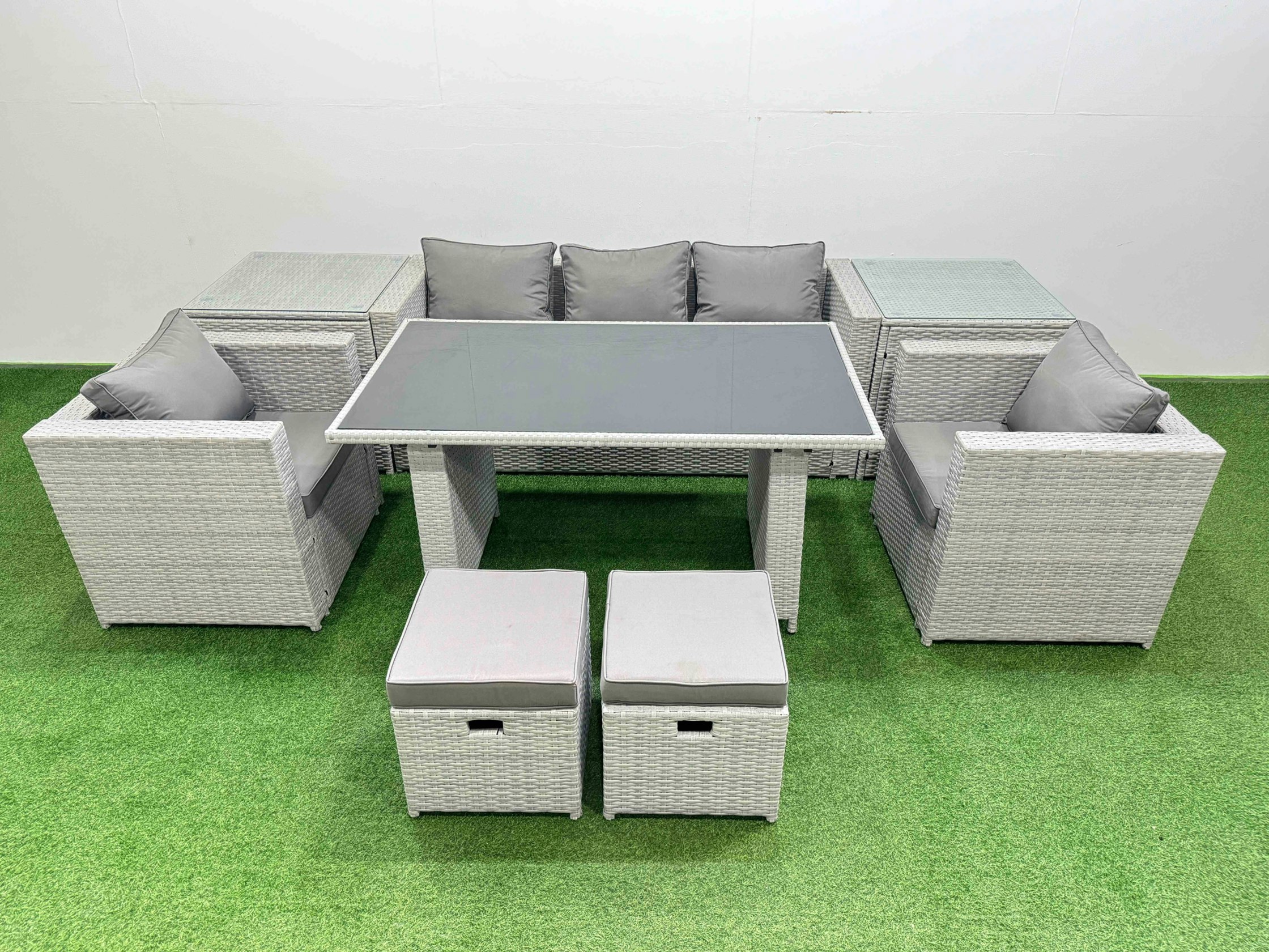 Rackhams Black/Light/Grey Patio Garden Furniture Sets With Glass Top Dining Table Armchair 3 Seater Sofa 2 Side Tables 2 Small Stool