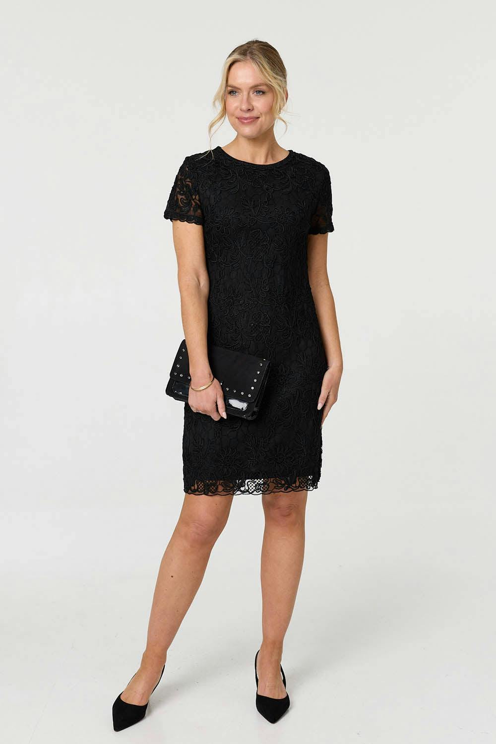 Izabel London Black Floral Lace Layer Knee Length Dress - 8