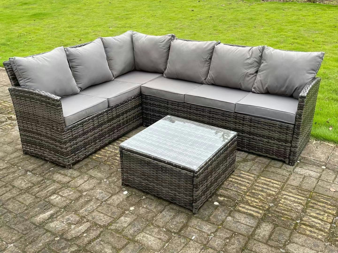 Rackhams Dark/Grey High Back Mixed Rattan Corner Sofa Set Outdoor Furniture Square Coffee Table 6 Seater
